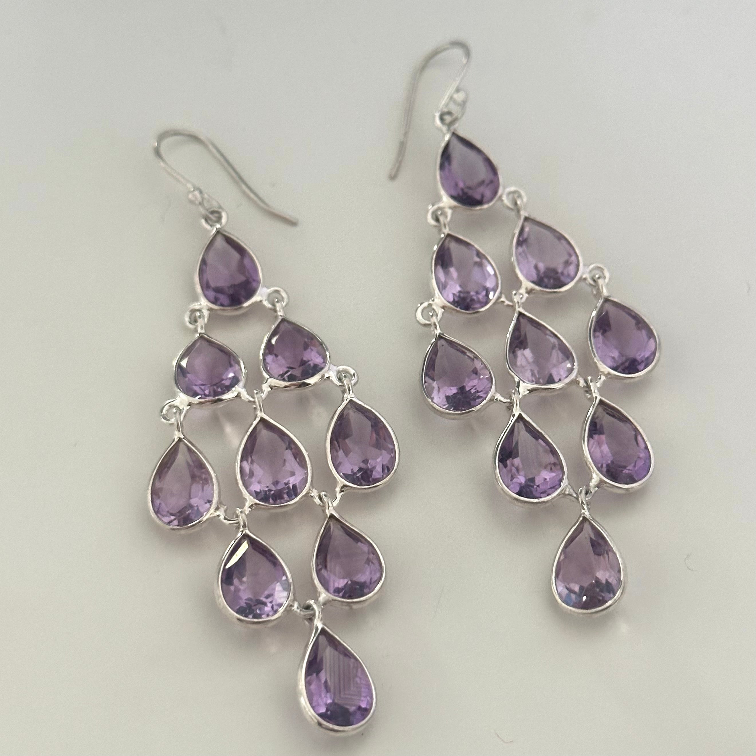 Sterling Silver Chandelier Earrings with Natural Gemstones  - Amethyst