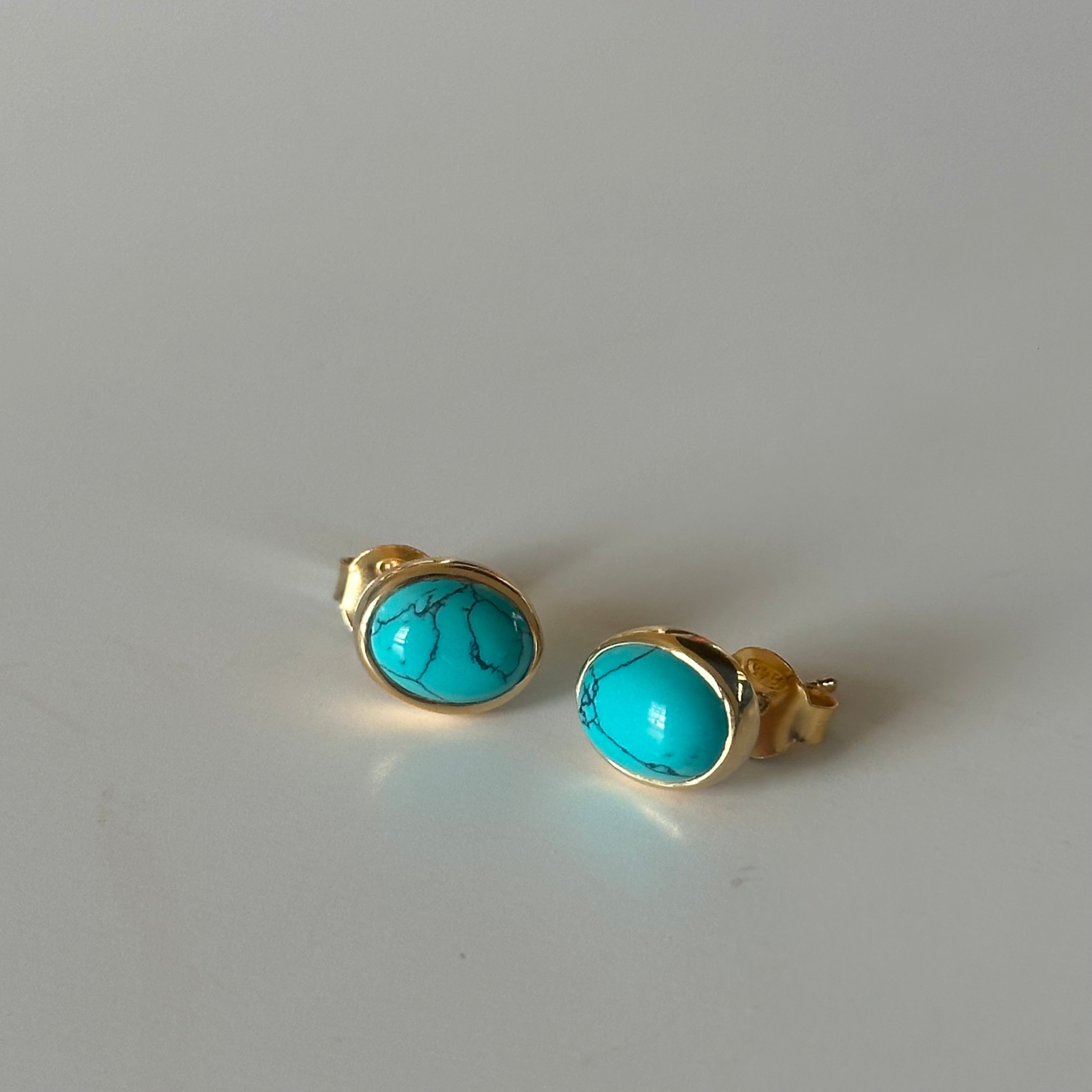Gold Plated Sterling Silver Oval Stud Earrings with Cabochon Cut Turquoise Gemstone
