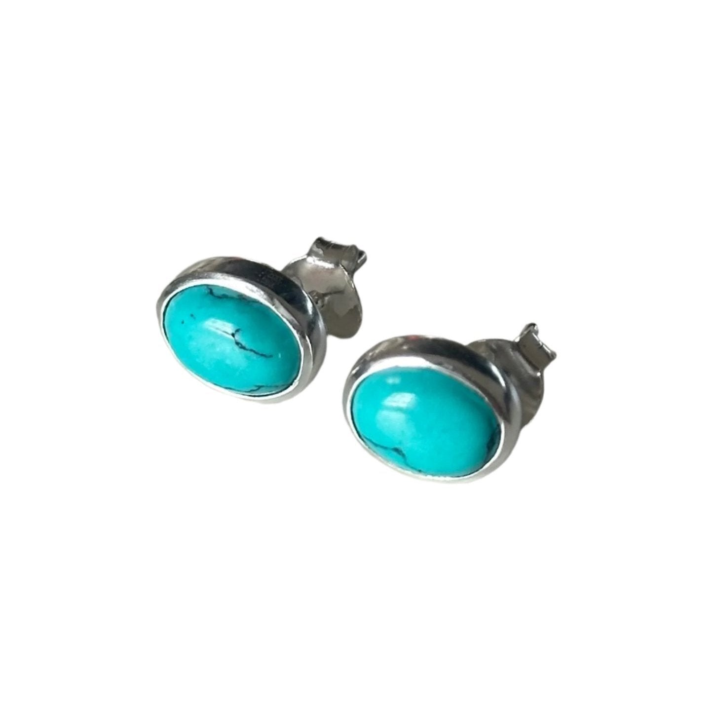 Sterling Silver Oval Stud Earrings with Cabochon Cut Turquoise Gemstone - Milina London
