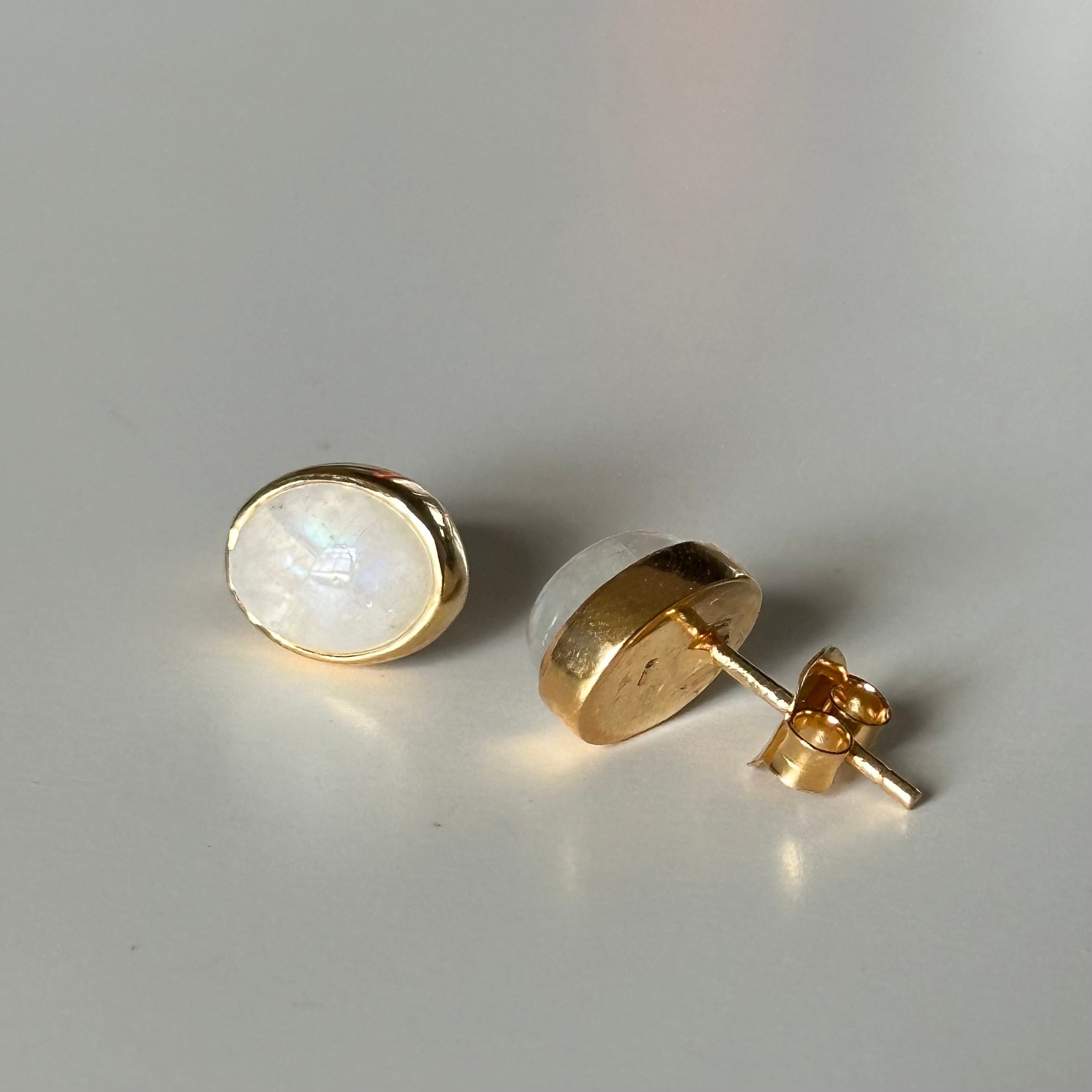 Gold Plated Sterling Silver Oval Stud Earrings with Cabochon Cut Moonstone Gemstone - Milina London