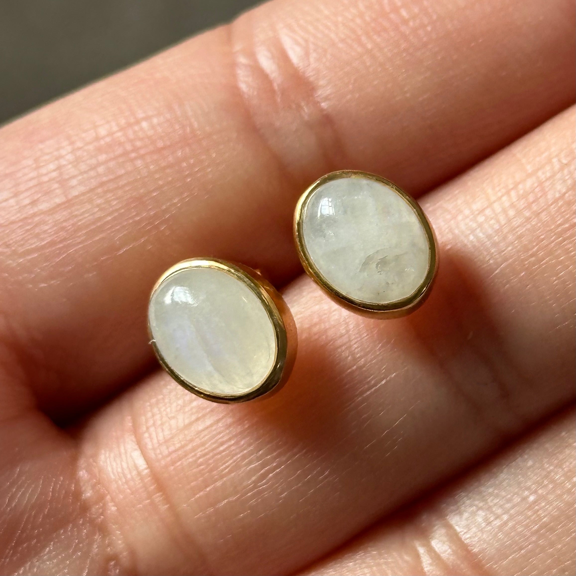 Gold Plated Sterling Silver Oval Stud Earrings with Cabochon Cut Moonstone Gemstone - Milina London
