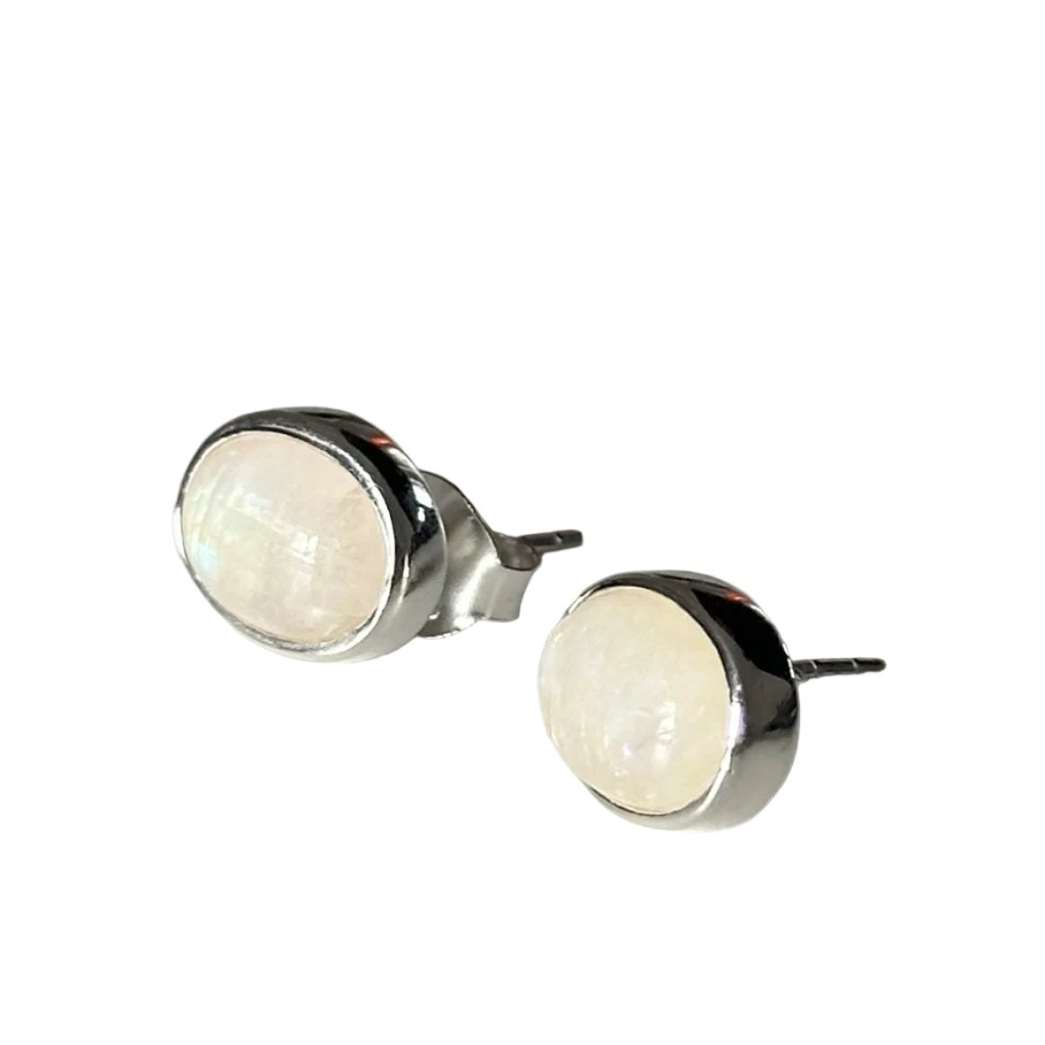 Sterling Silver Oval Stud Earrings with Cabochon Cut Moonstone Gemstone - Milina London
