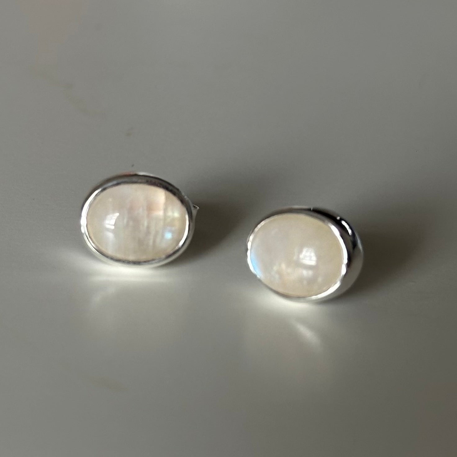 Sterling Silver Oval Stud Earrings with Cabochon Cut Moonstone Gemstone - Milina London