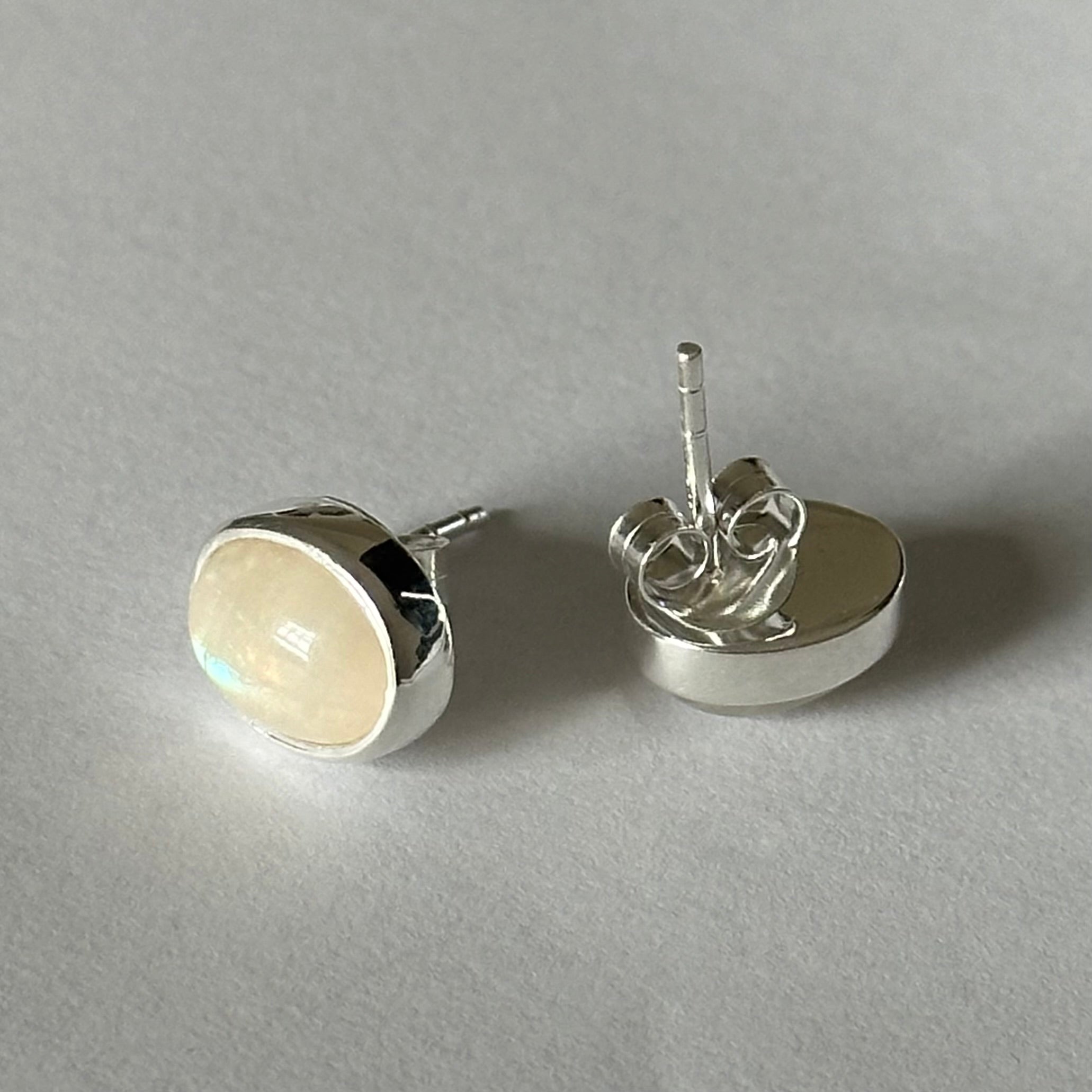 Sterling Silver Oval Stud Earrings with Cabochon Cut Moonstone Gemstone - Milina London