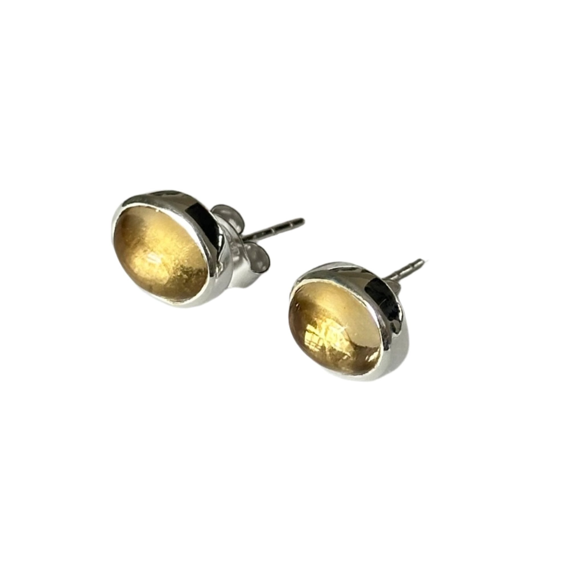 Sterling Silver Oval Stud Earrings with Cabochon Cut Citrine Gemstone - Milina London 