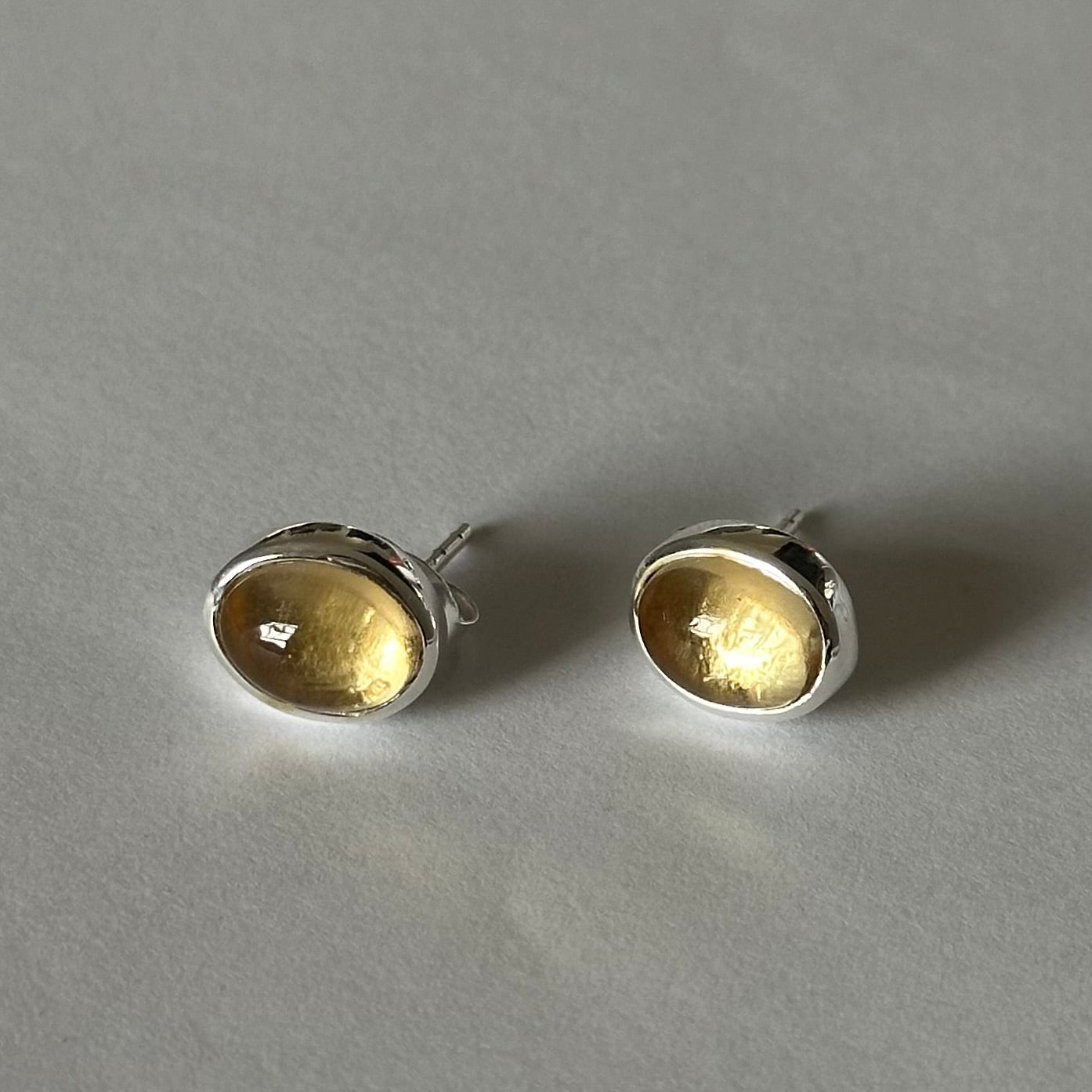 Sterling Silver Oval Stud Earrings with Cabochon Cut Citrine Gemstone - Milina London 