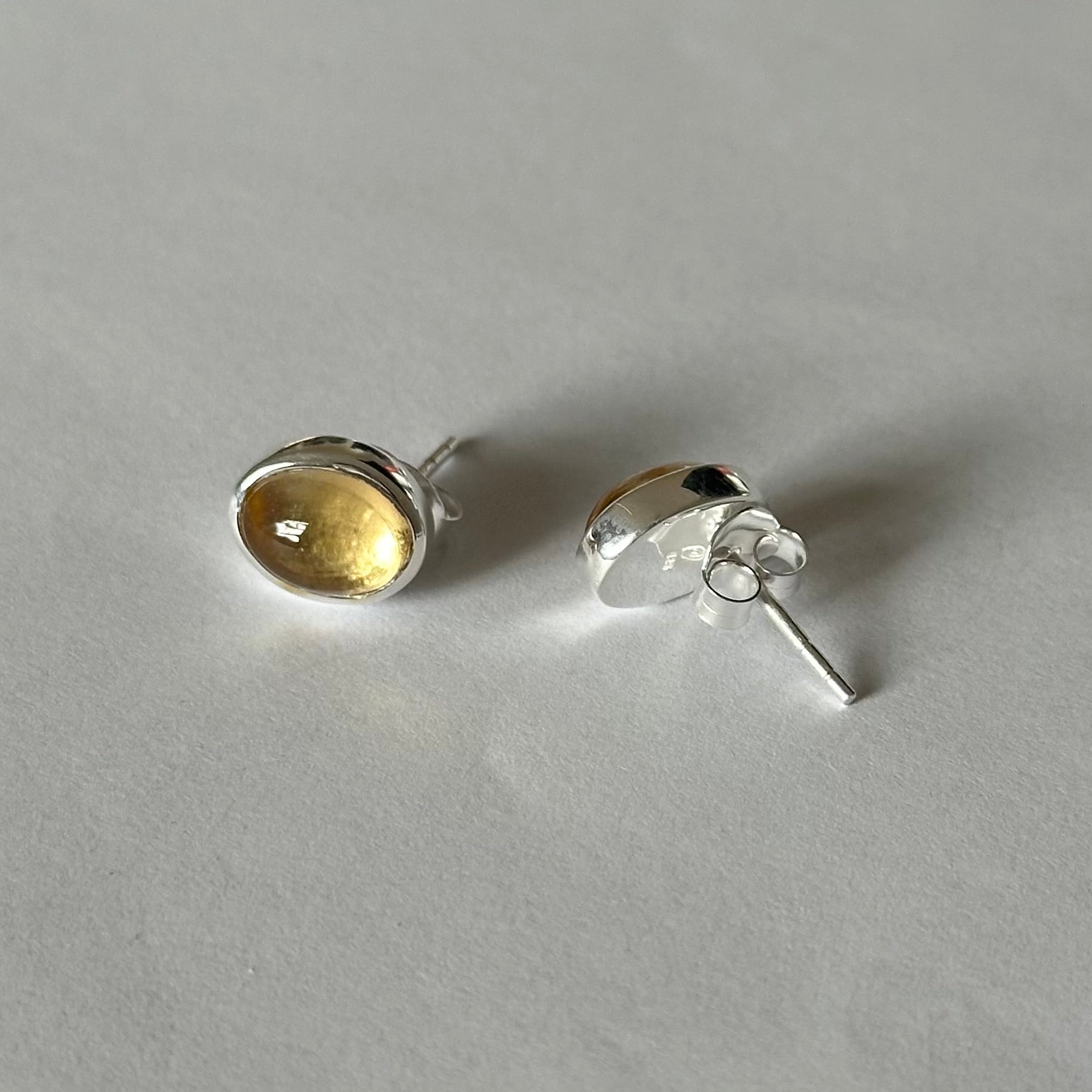 Sterling Silver Oval Stud Earrings with Cabochon Cut Citrine Gemstone - Milina London 