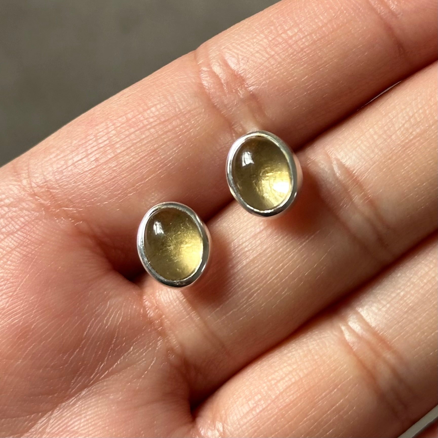 Sterling Silver Oval Stud Earrings with Cabochon Cut Citrine Gemstone - Milina London 