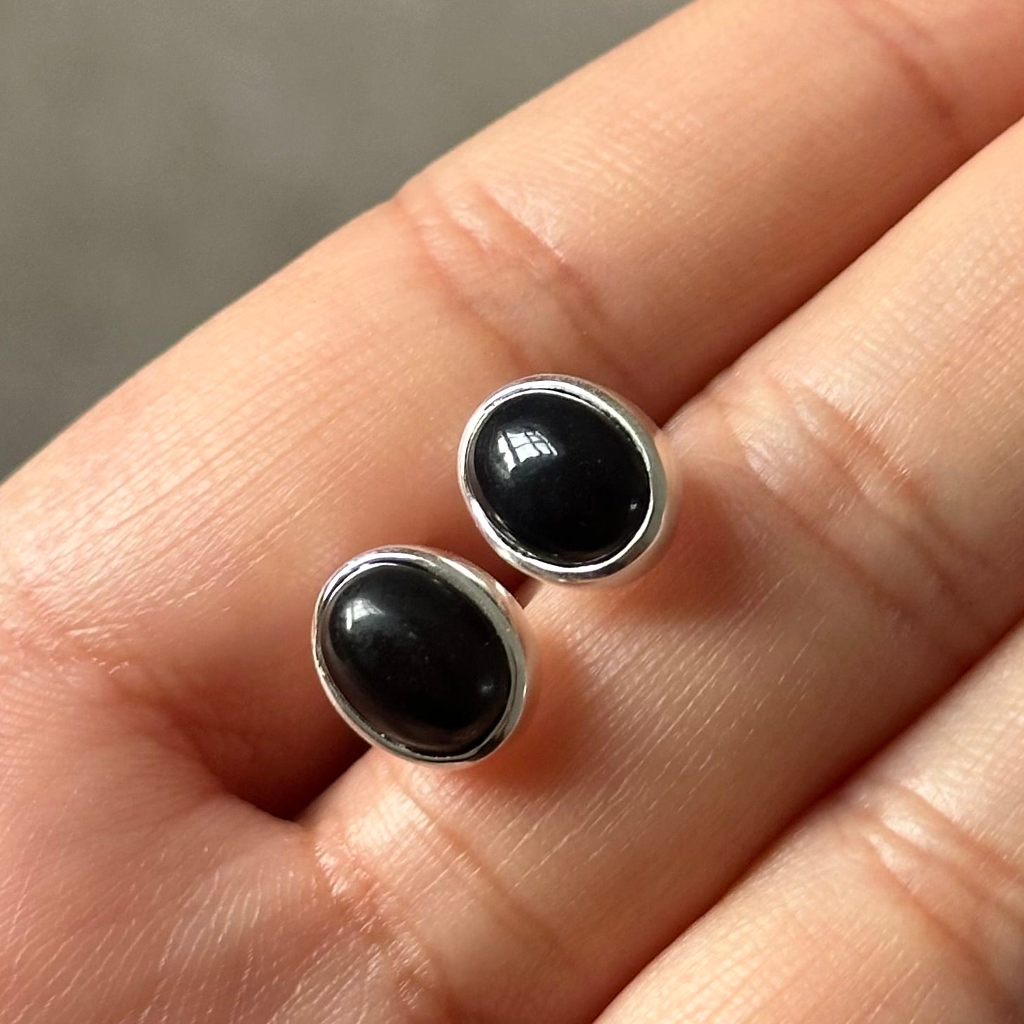 Sterling Silver Oval Stud Earrings with Cabochon Cut Black Onyx Gemstone
