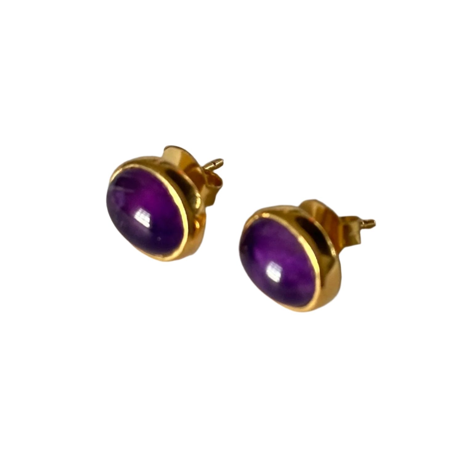 Gold Plated Sterling Silver Oval Stud Earrings with Cabochon Cut Amethyst Gemstone - Milina London