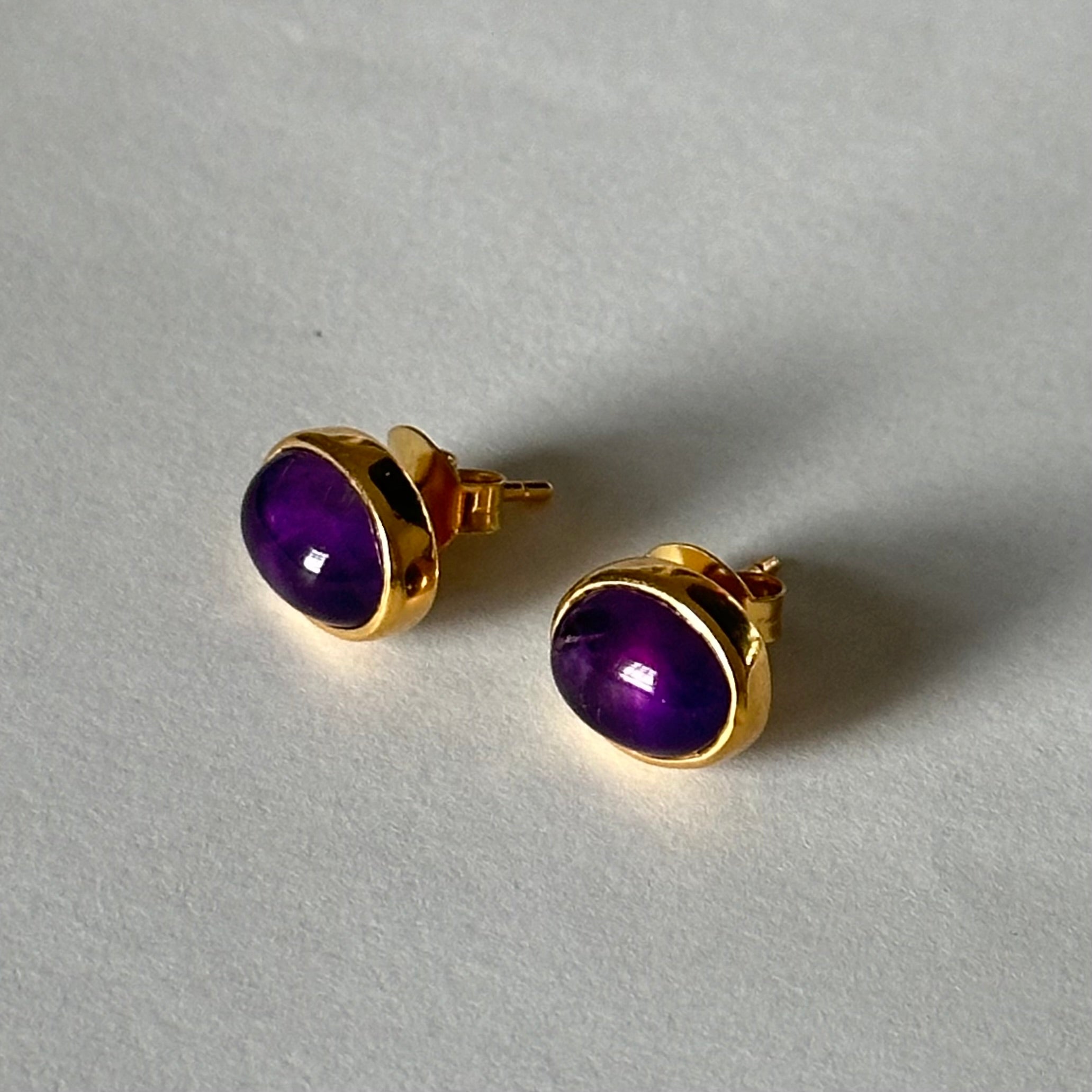 Gold Plated Sterling Silver Oval Stud Earrings with Cabochon Cut Amethyst Gemstone - Milina London