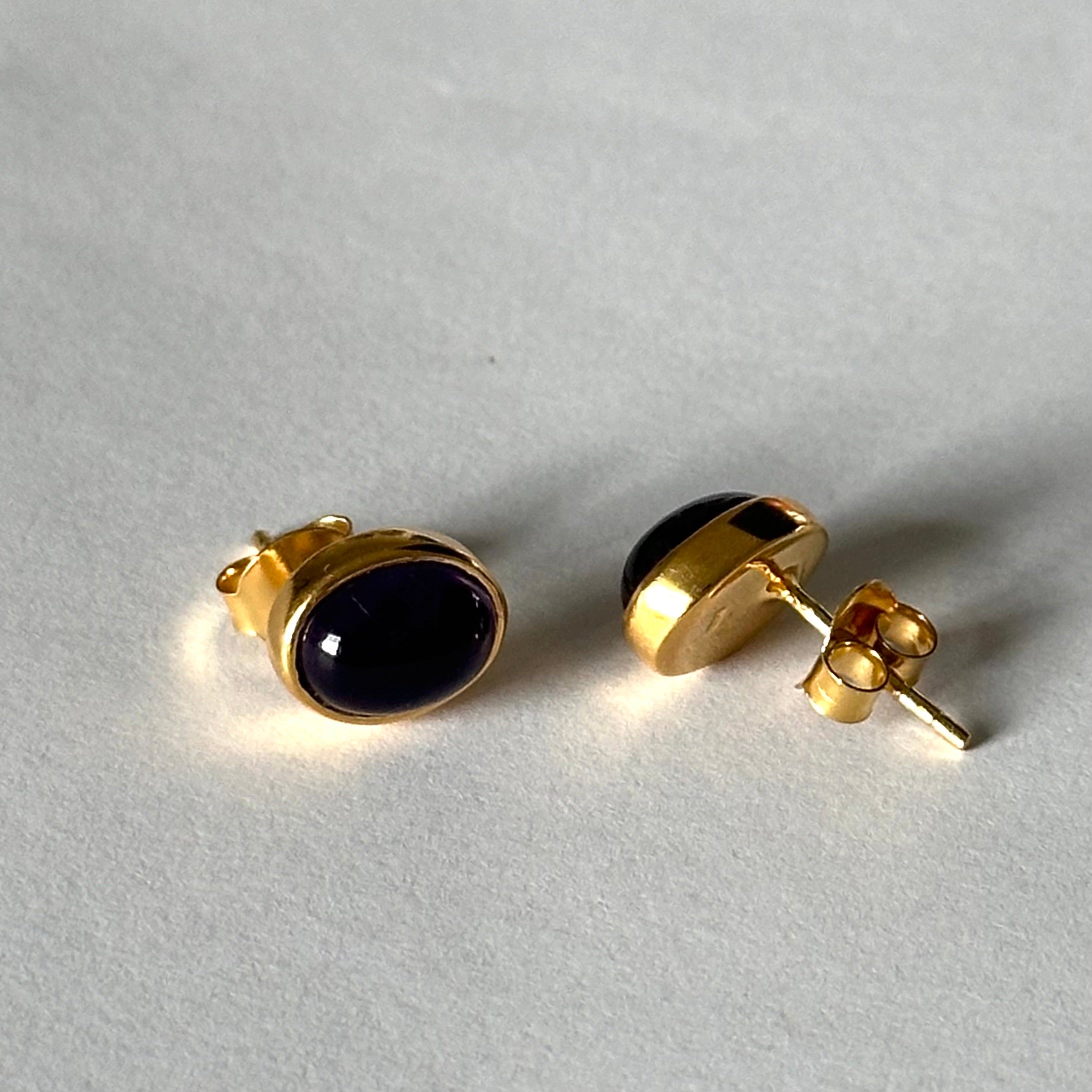 Gold Plated Sterling Silver Oval Stud Earrings with Cabochon Cut Amethyst Gemstone - Milina London