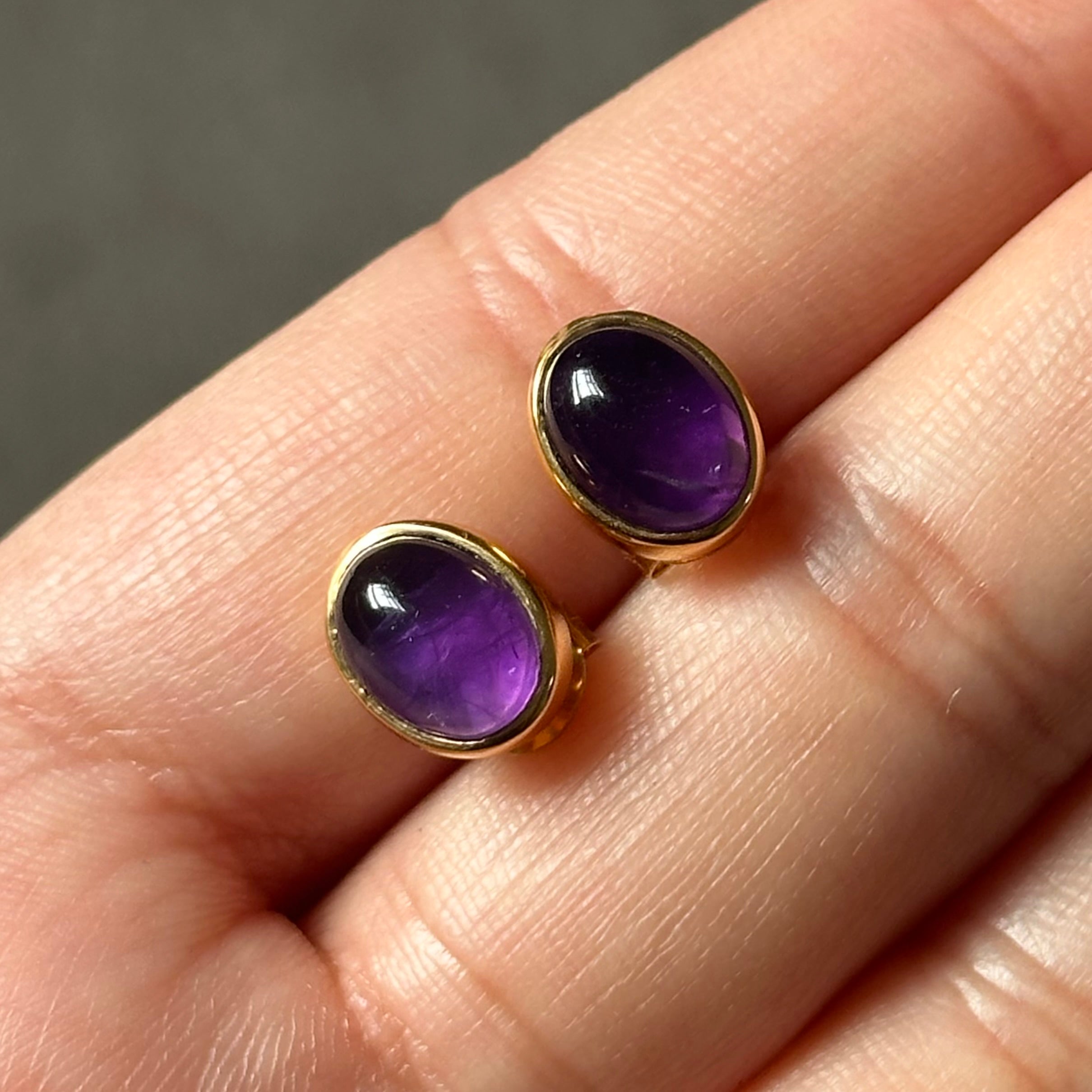 Gold Plated Sterling Silver Oval Stud Earrings with Cabochon Cut Amethyst Gemstone - Milina London
