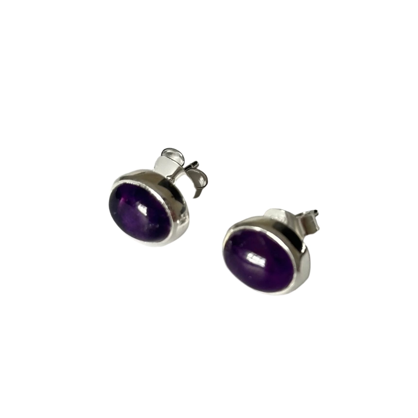 Sterling Silver Oval Stud Earrings with Cabochon Cut Amethyst Gemstone - Milina London