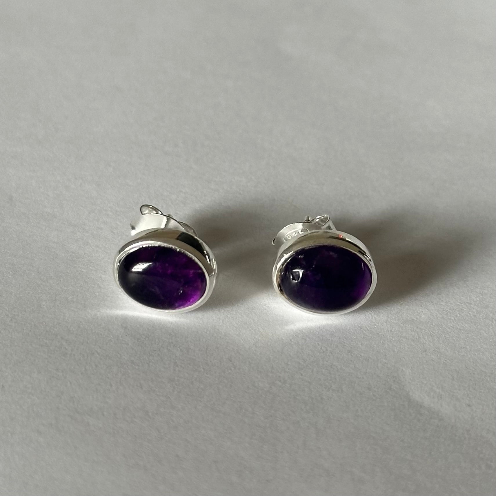 Sterling Silver Oval Stud Earrings with Cabochon Cut Amethyst Gemstone - Milina London