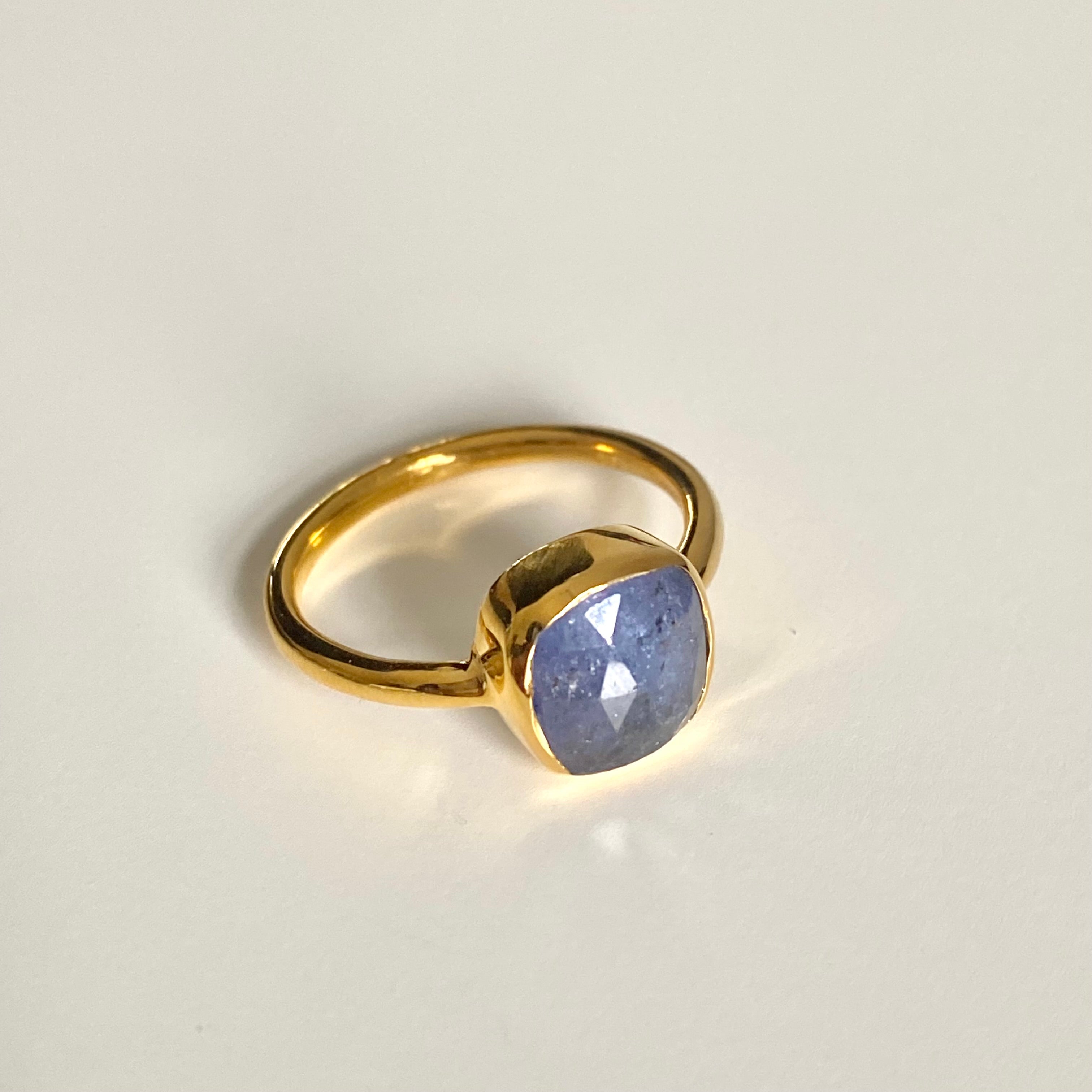 Faceted Square Cut Natural Gemstone Gold Plated Sterling Silver Solitaire Ring - Tanzanite