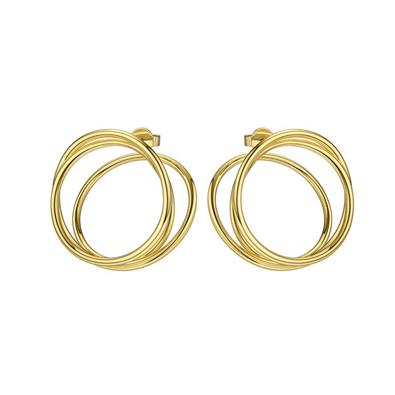 Round Spiral Double Hoop Style Large Studs in 18k Gold Plated Brass - The Midori Earrings