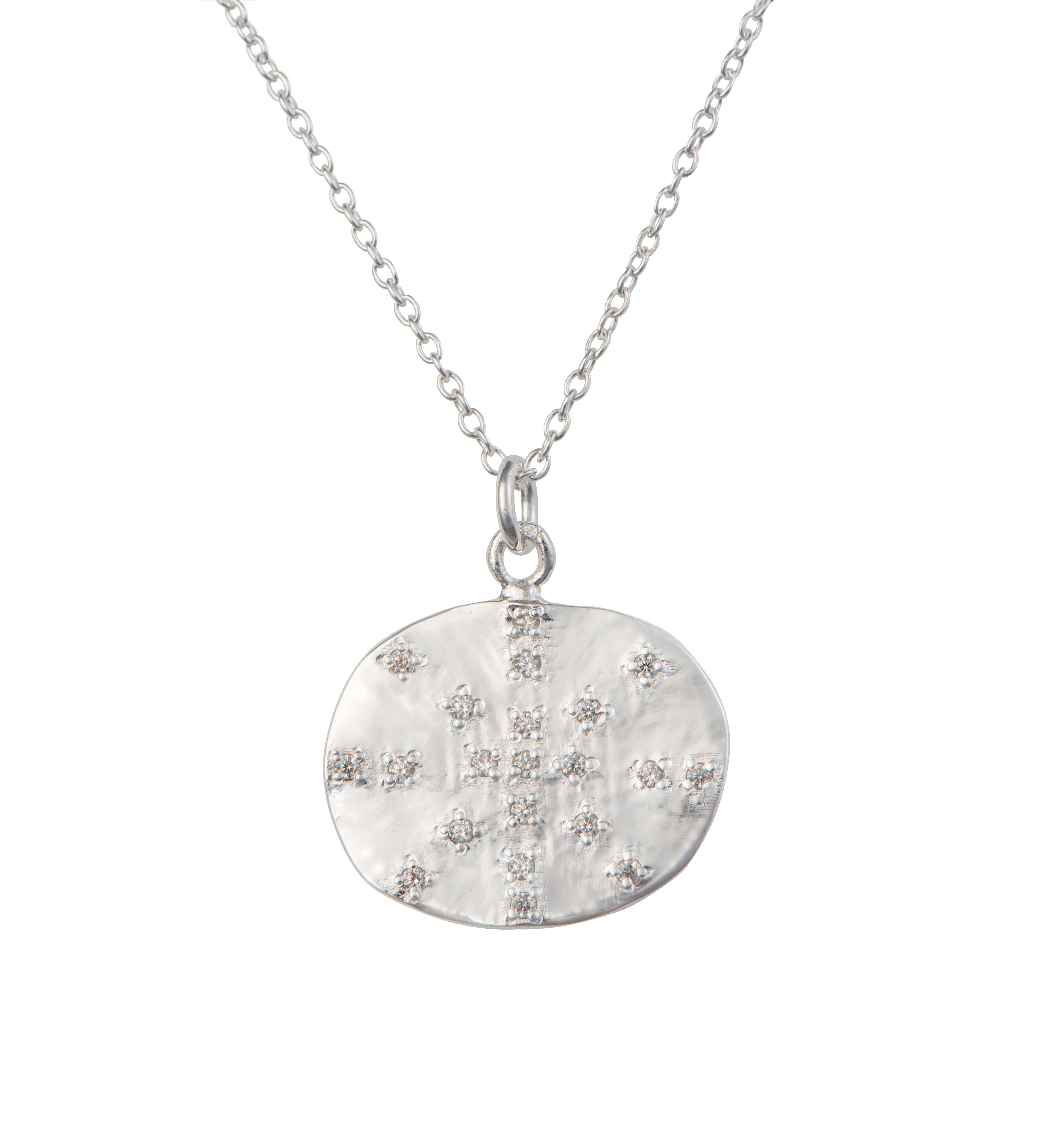 Hammered Oval Shaped Sterling Silver Pendant Necklace with Cubic Zirconia