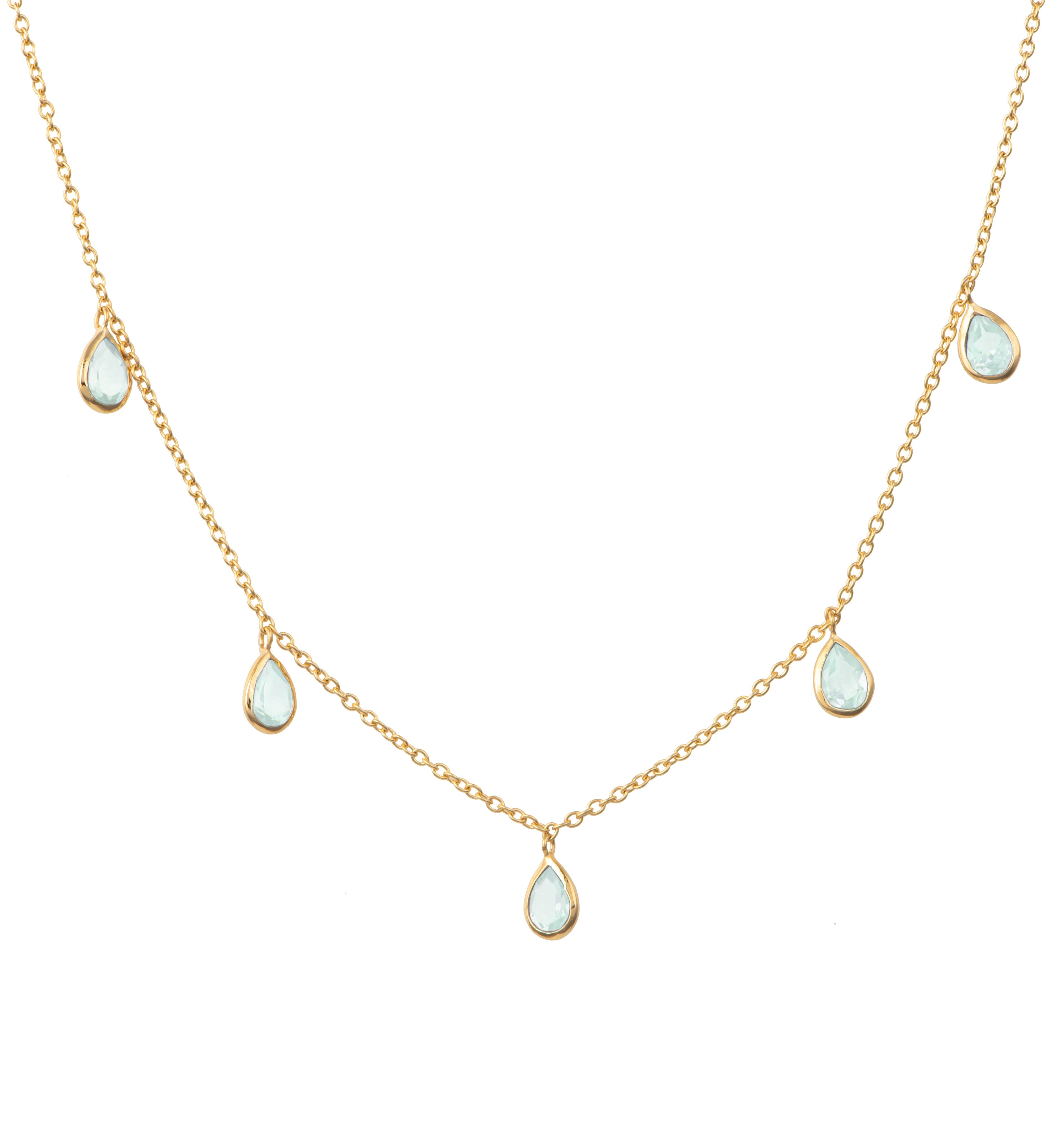 Five Teardrop Shaped Aqua Chalcedony Gemstone Necklace in Vermeil Gold