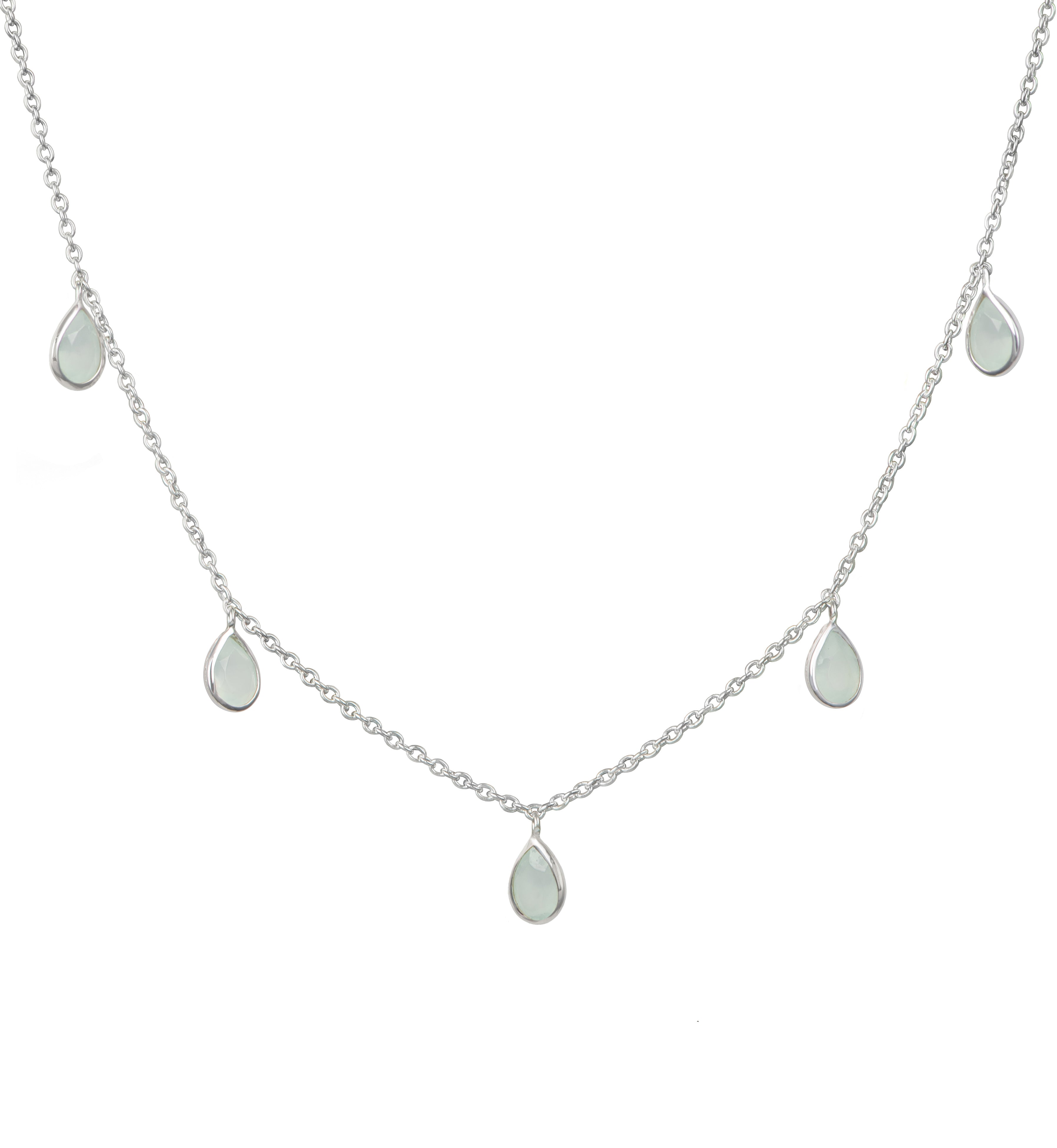 Five Teardrop Shaped Aqua Chalcedony Gemstone Necklace in Sterling Silver