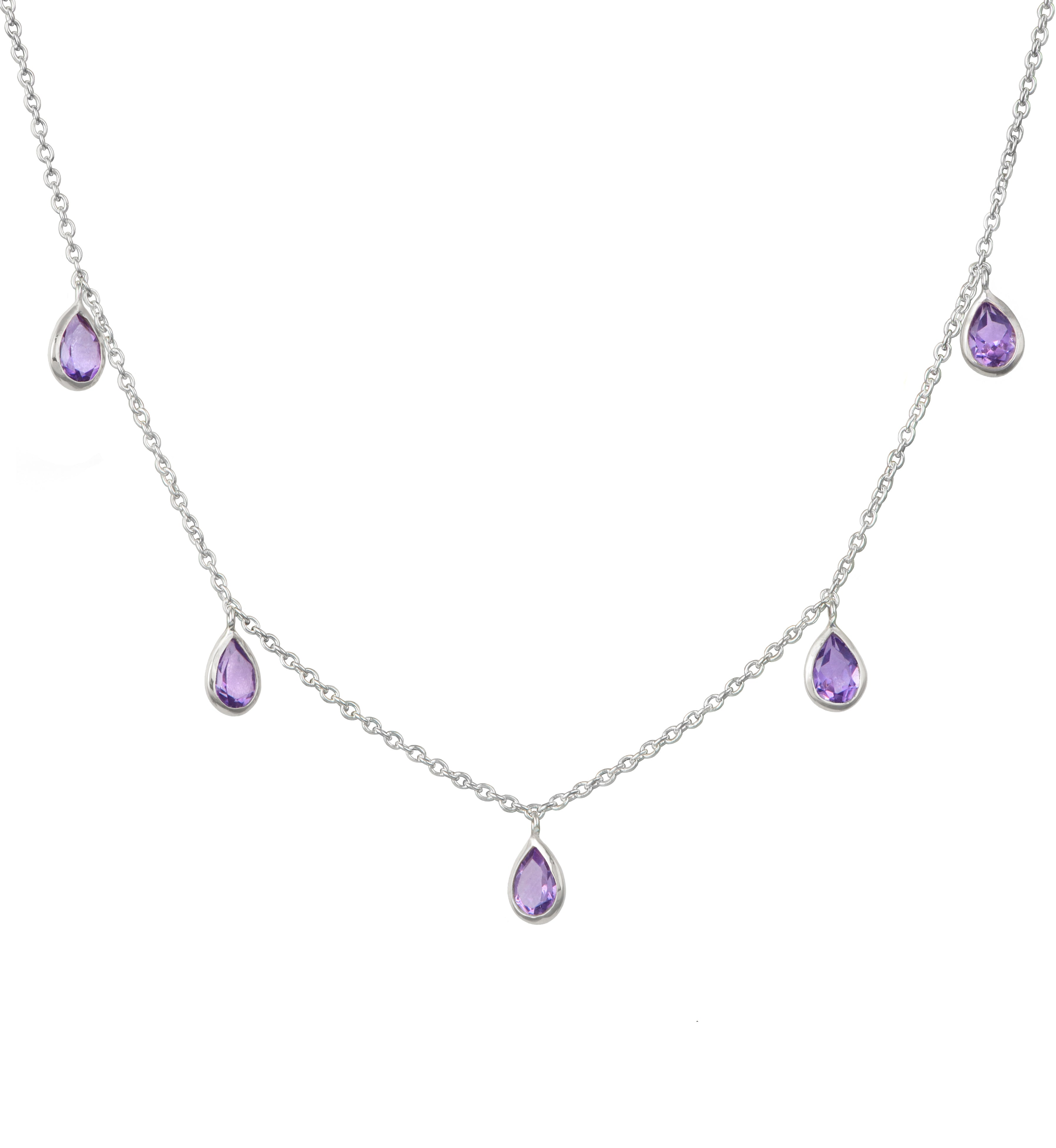 Five Teardrop Shaped Amethyst Gemstone Necklace in Sterling Silver