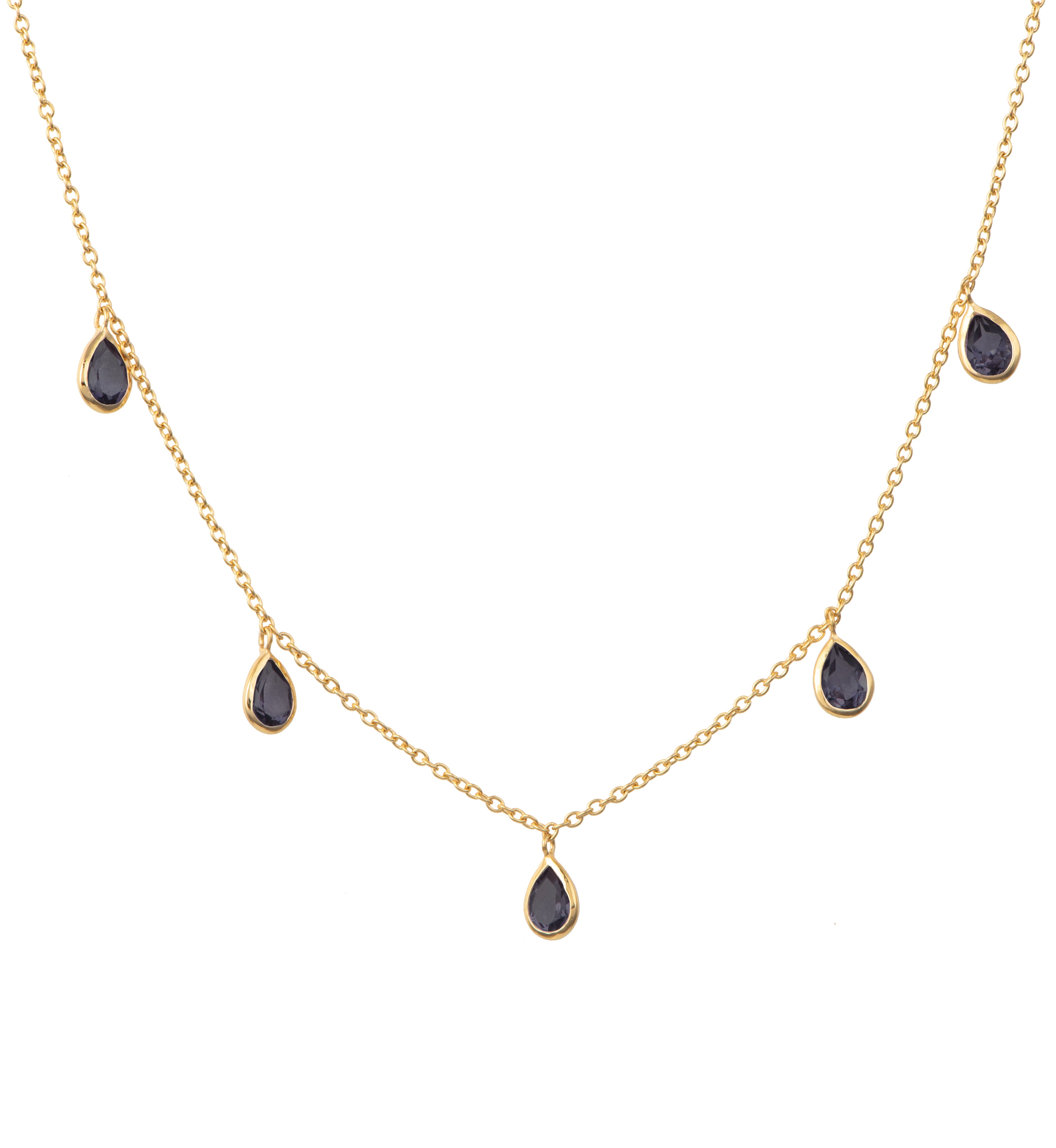 Five Teardrop Shaped Black Onyx Gemstone Necklace in Vermeil Gold