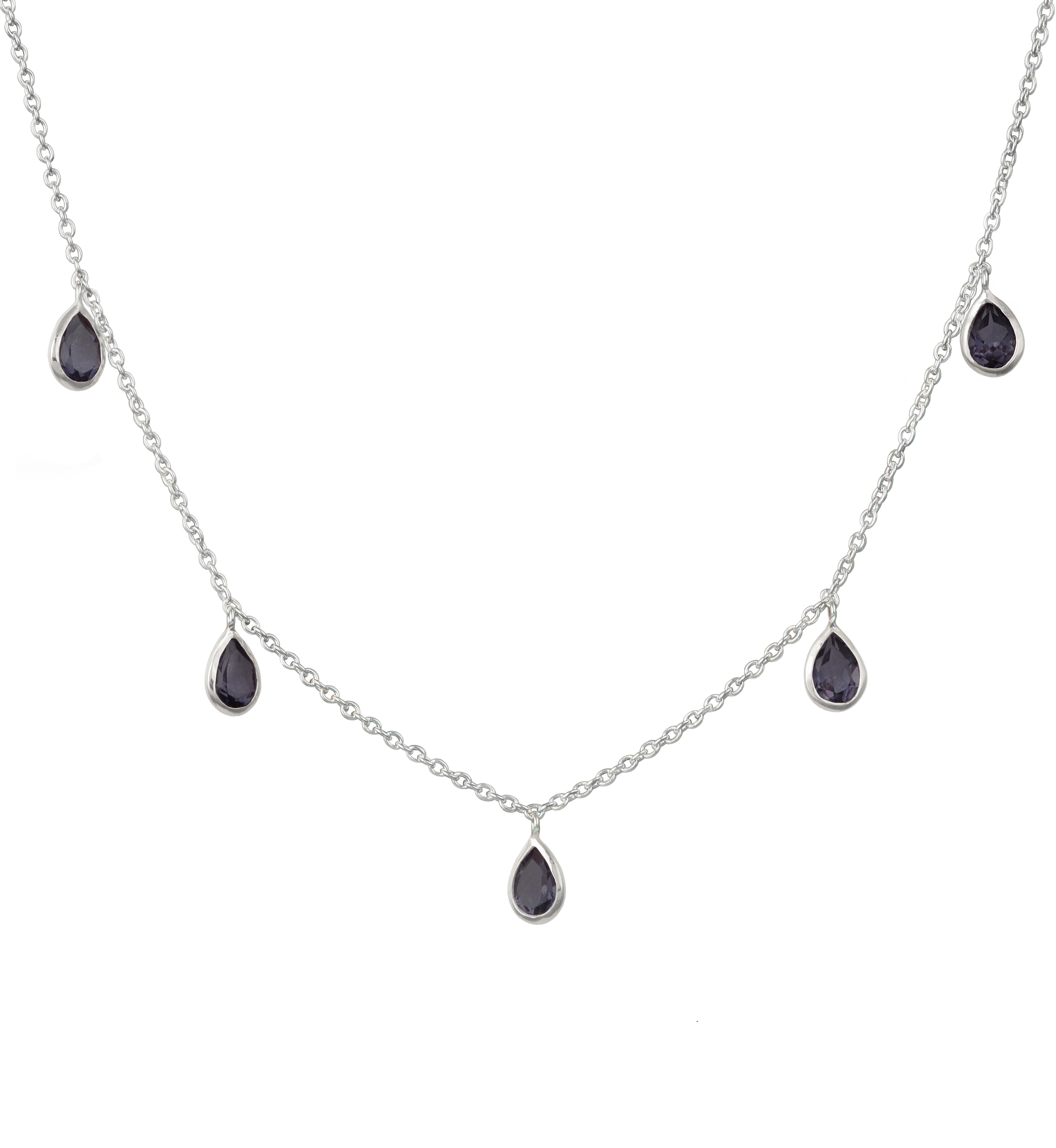 Five Teardrop Shaped Black Onyx Gemstone Necklace in Sterling Silver