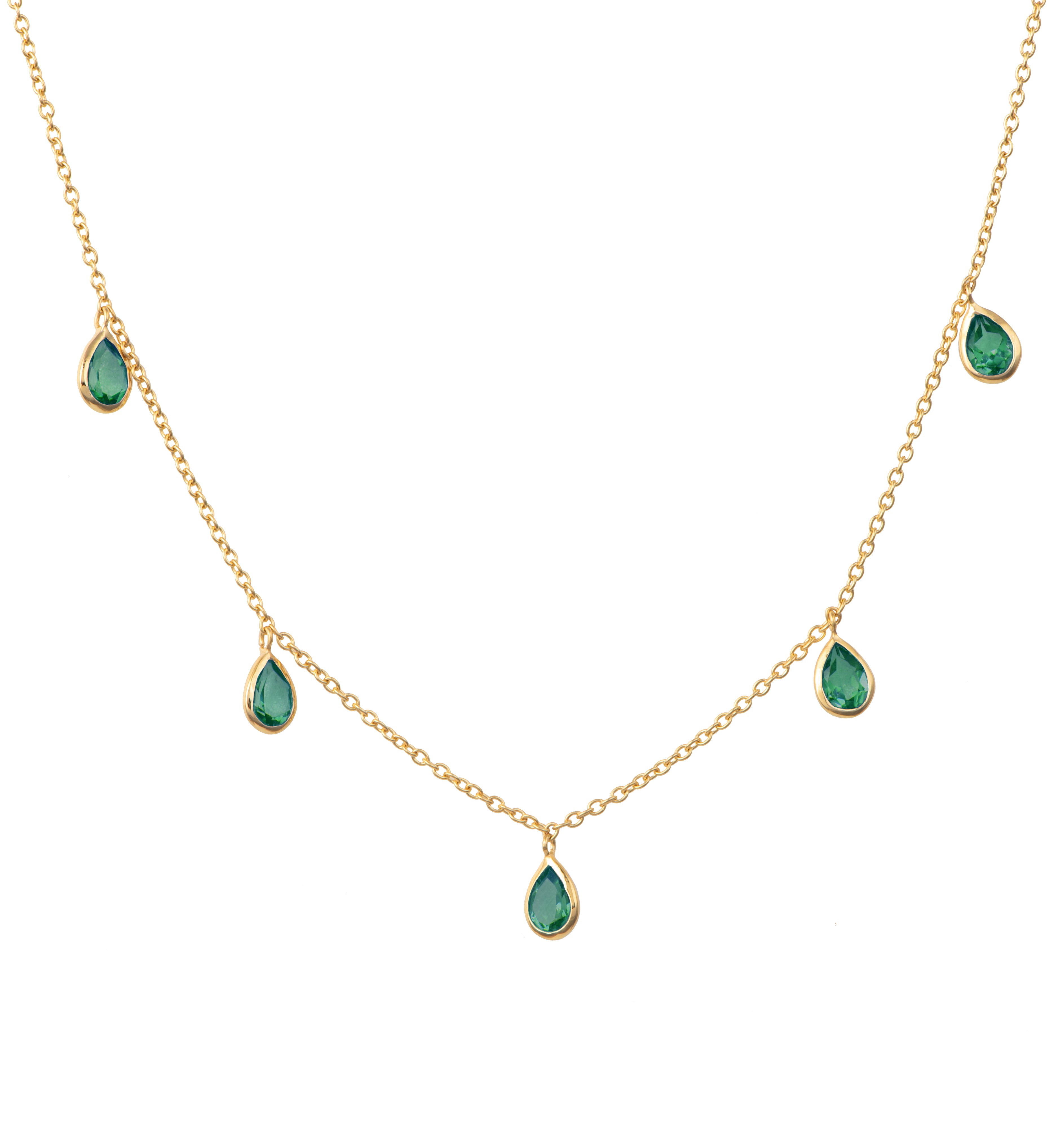 Five Teardrop Shaped Green Onyx Gemstone Necklace in Vermeil Gold