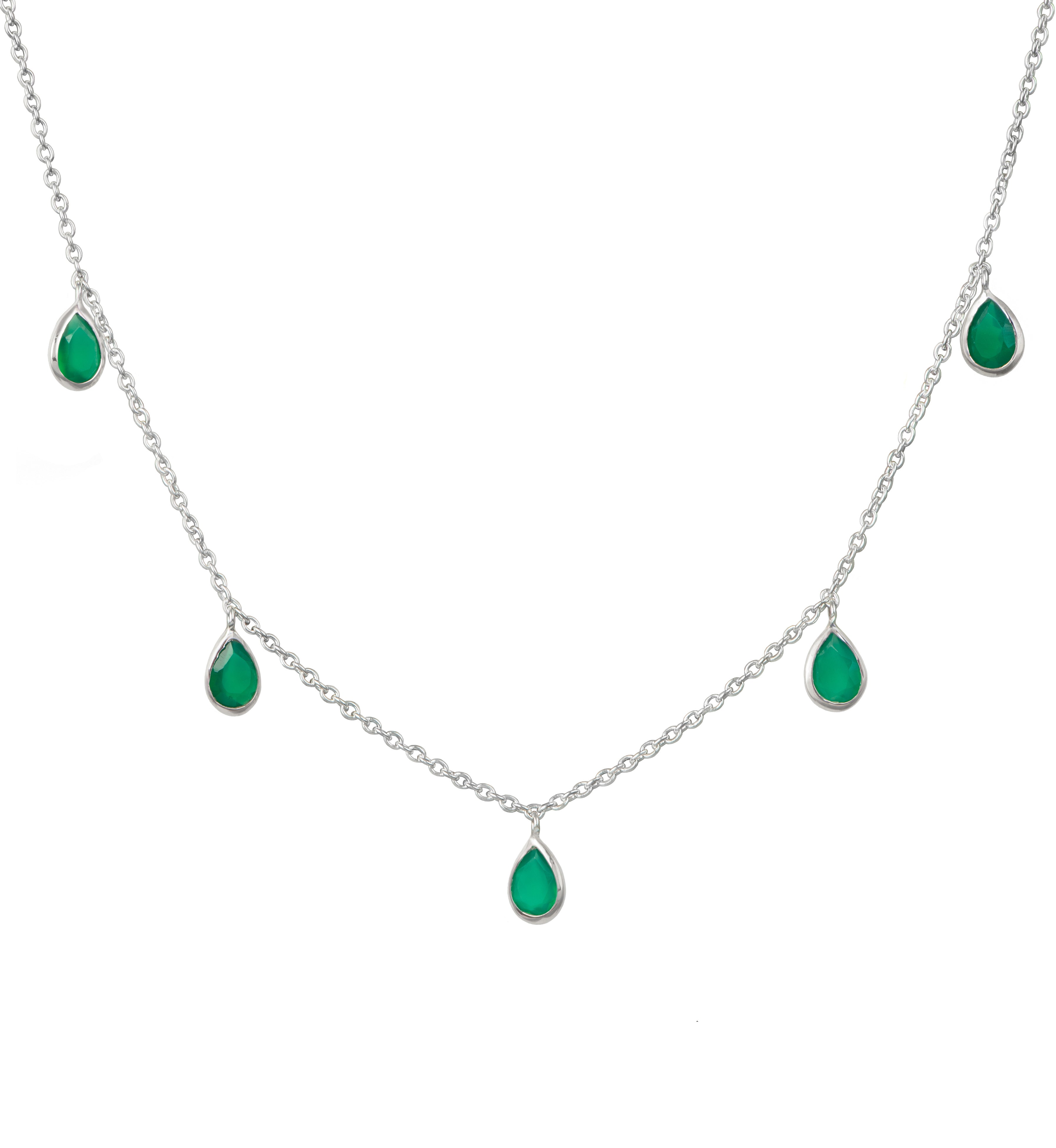 Five Teardrop Shaped Green Onyx Gemstone Necklace in Sterling Silver