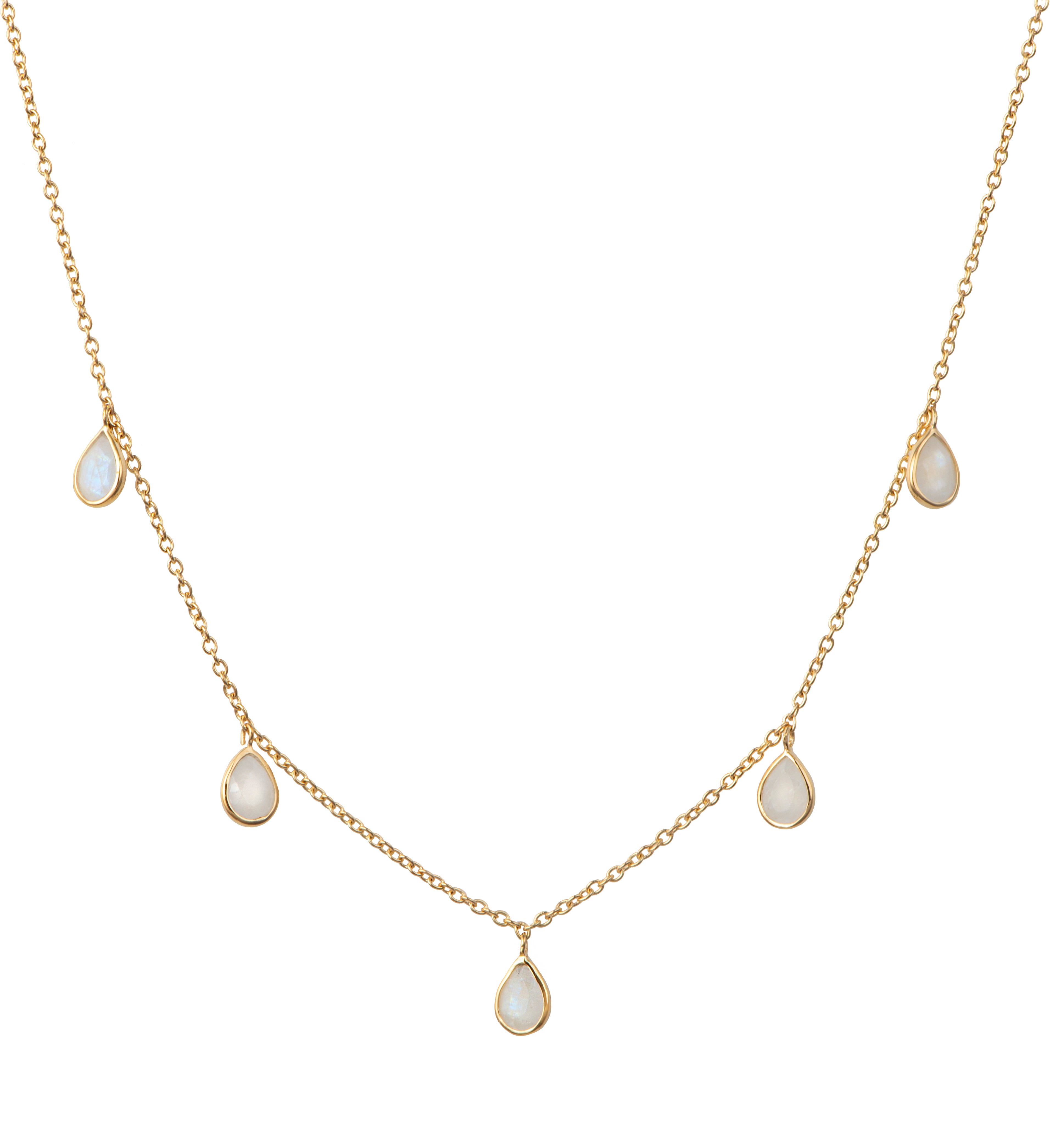 Five Teardrop Shaped Moonstone Gemstone Necklace in Vermeil Gold