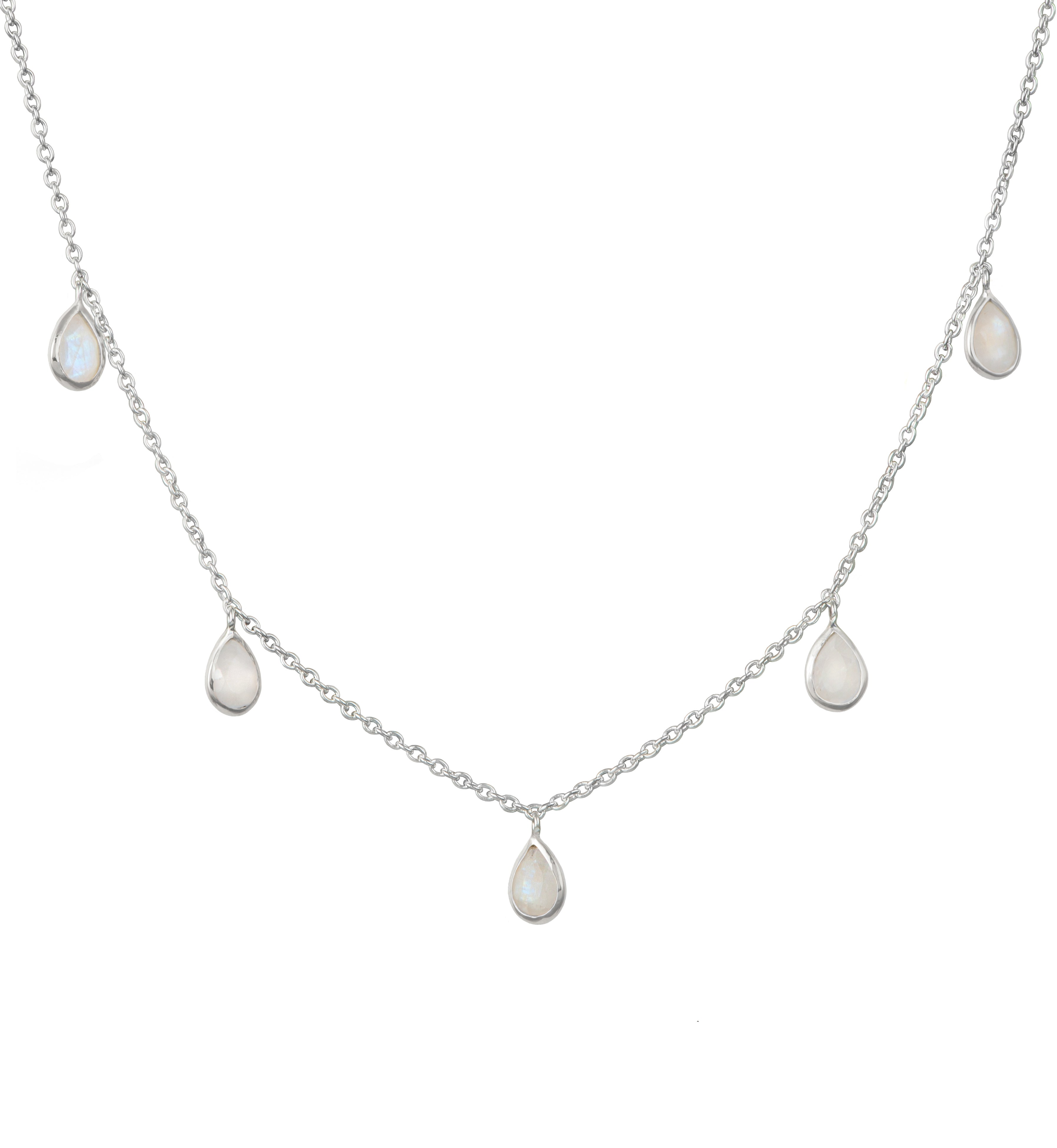 Five Teardrop Shaped Moonstone Gemstone Necklace in Sterling Silver