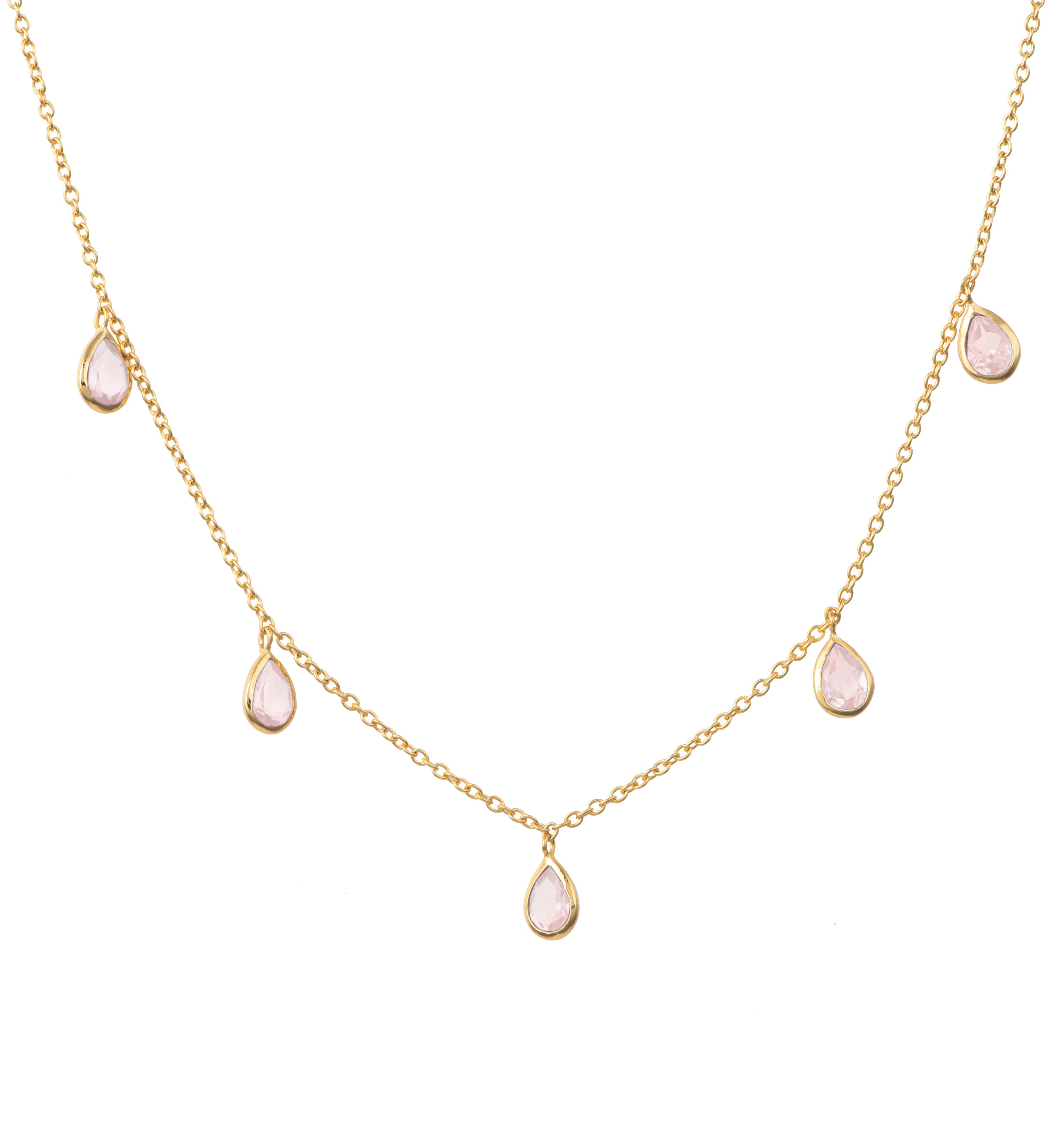 Five Teardrop Shaped Rose Quartz Gemstone Necklace in Vermeil Gold