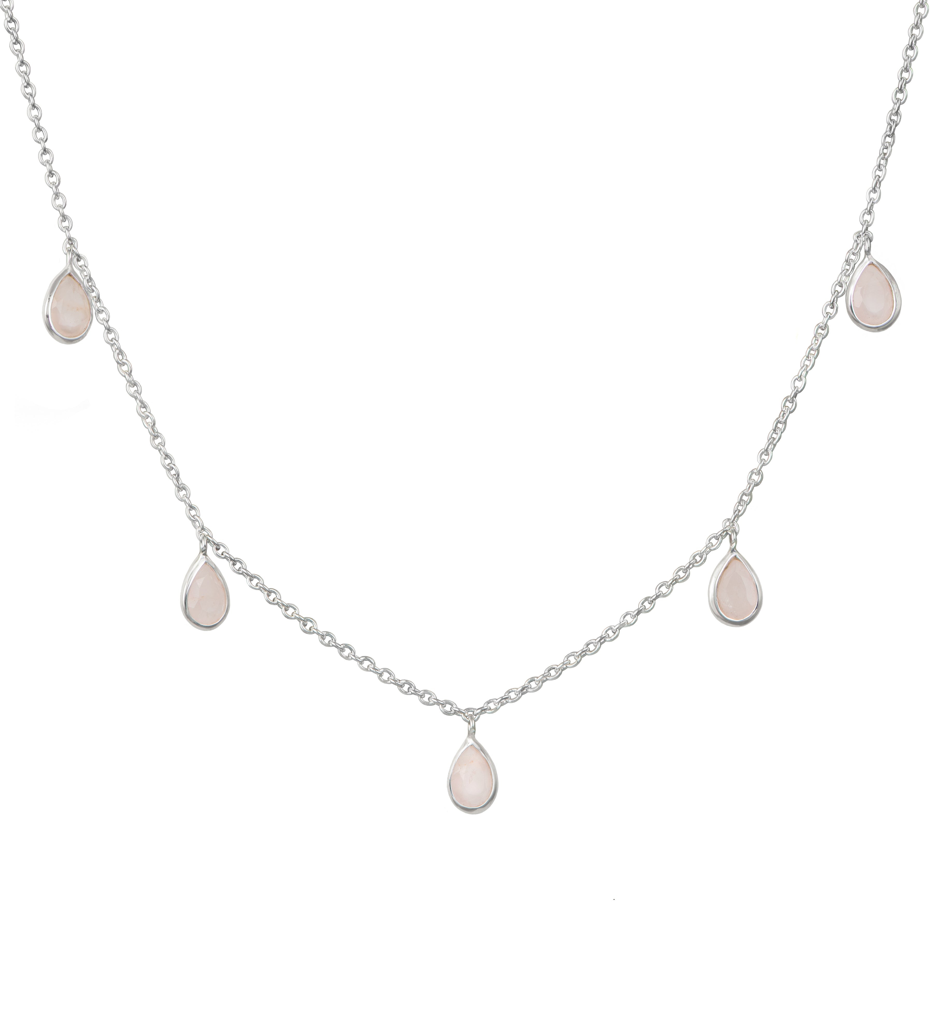 Five Teardrop Shaped Rose Quartz Gemstone Necklace in Sterling Silver