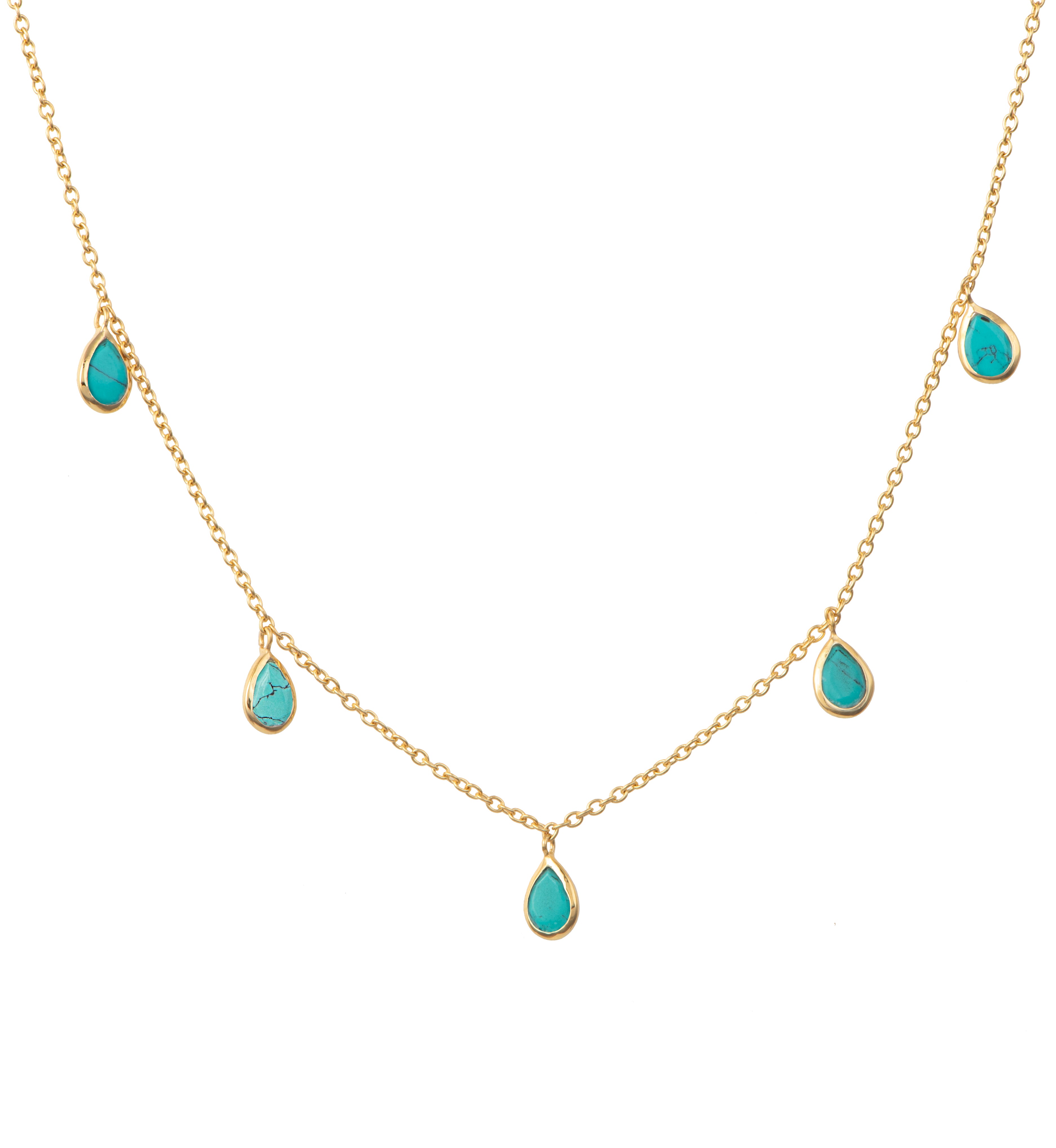 Five Teardrop Shaped Turquoise Gemstone Necklace in Vermeil Gold