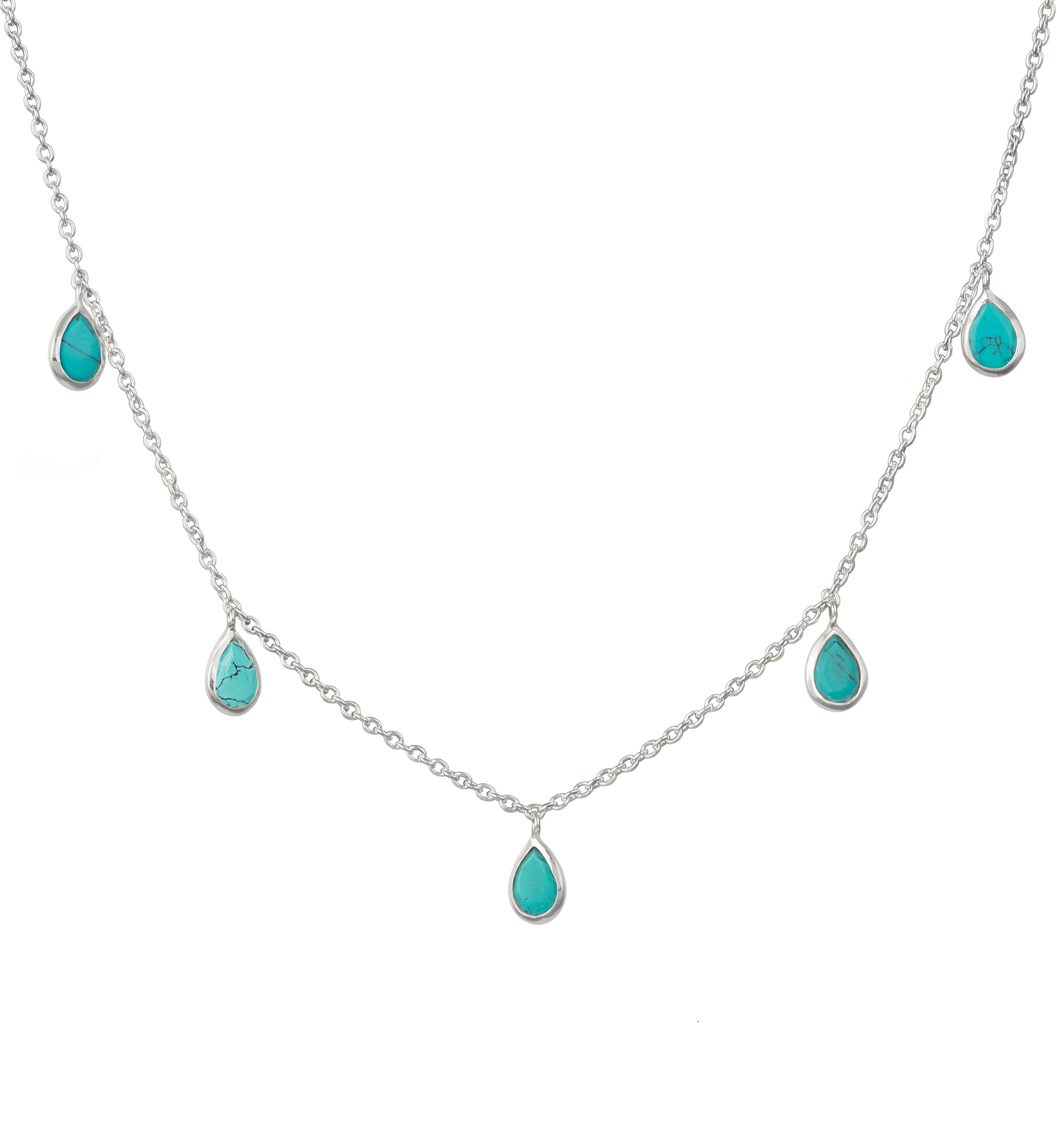 Five Teardrop Shaped Turquoise Gemstone Necklace in Sterling Silver