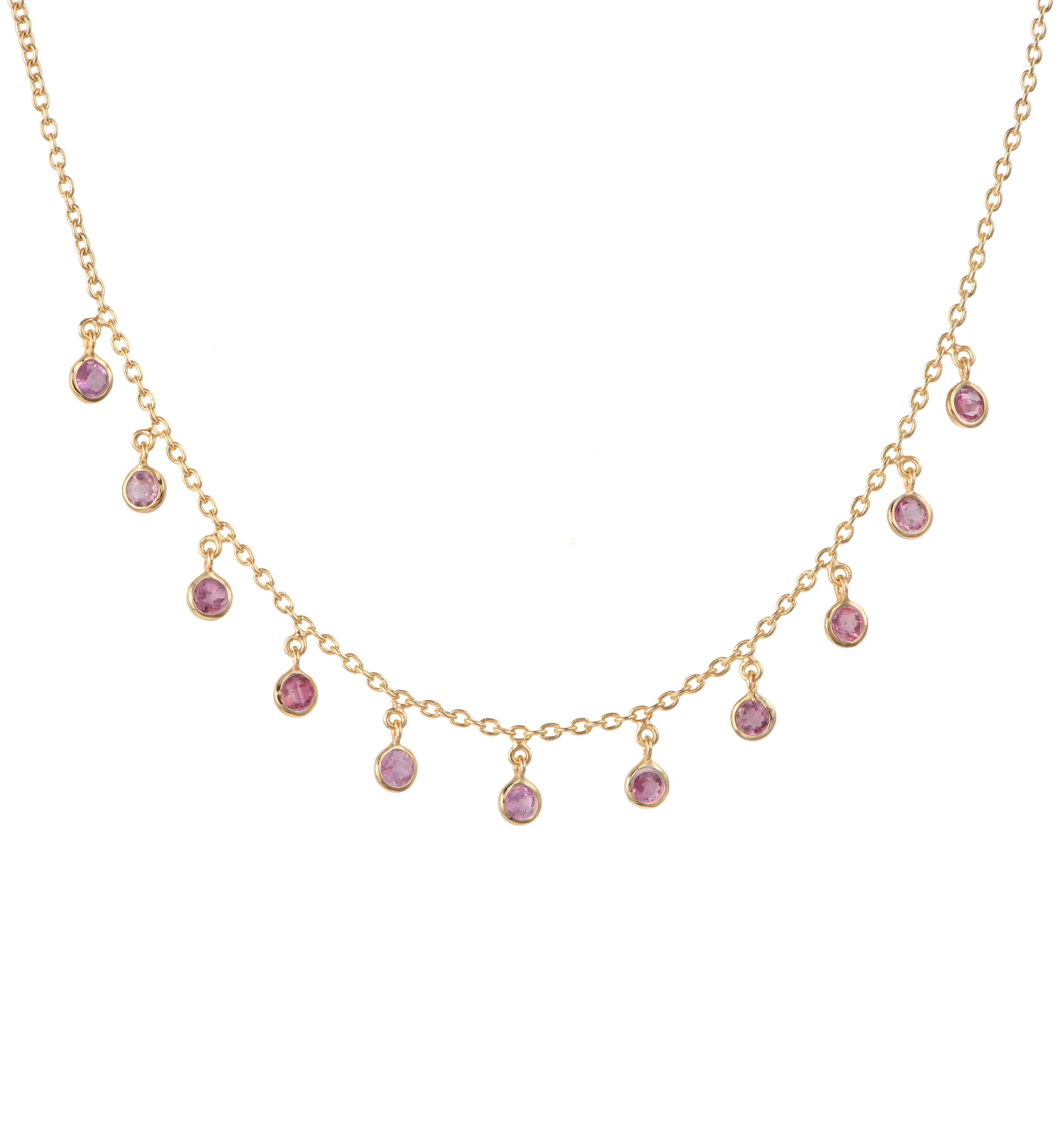 Vermeil Gold Small Round Pink Tourmaline Gemstone Drops Necklace