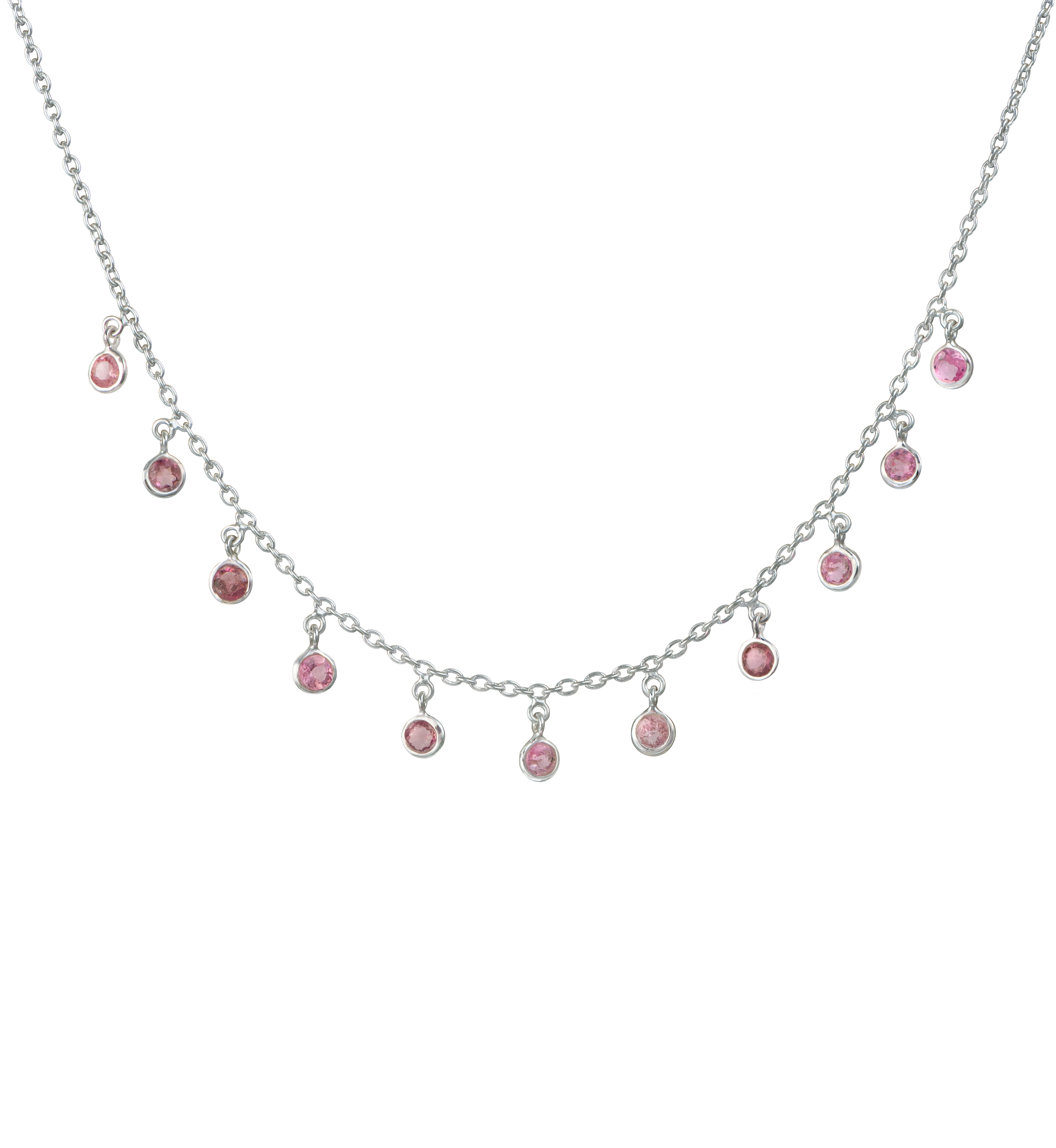 Sterling Silver Small Round Pink Tourmaline Gemstone Drops Necklace