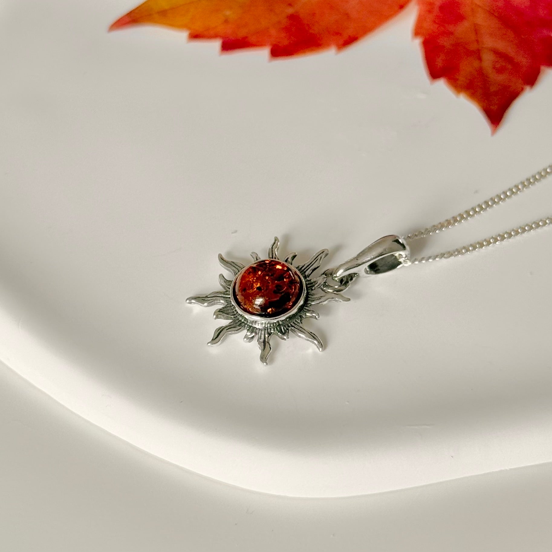 Natural Baltic Amber Sun Design Pendant Necklace in Oxidised Sterling Silver