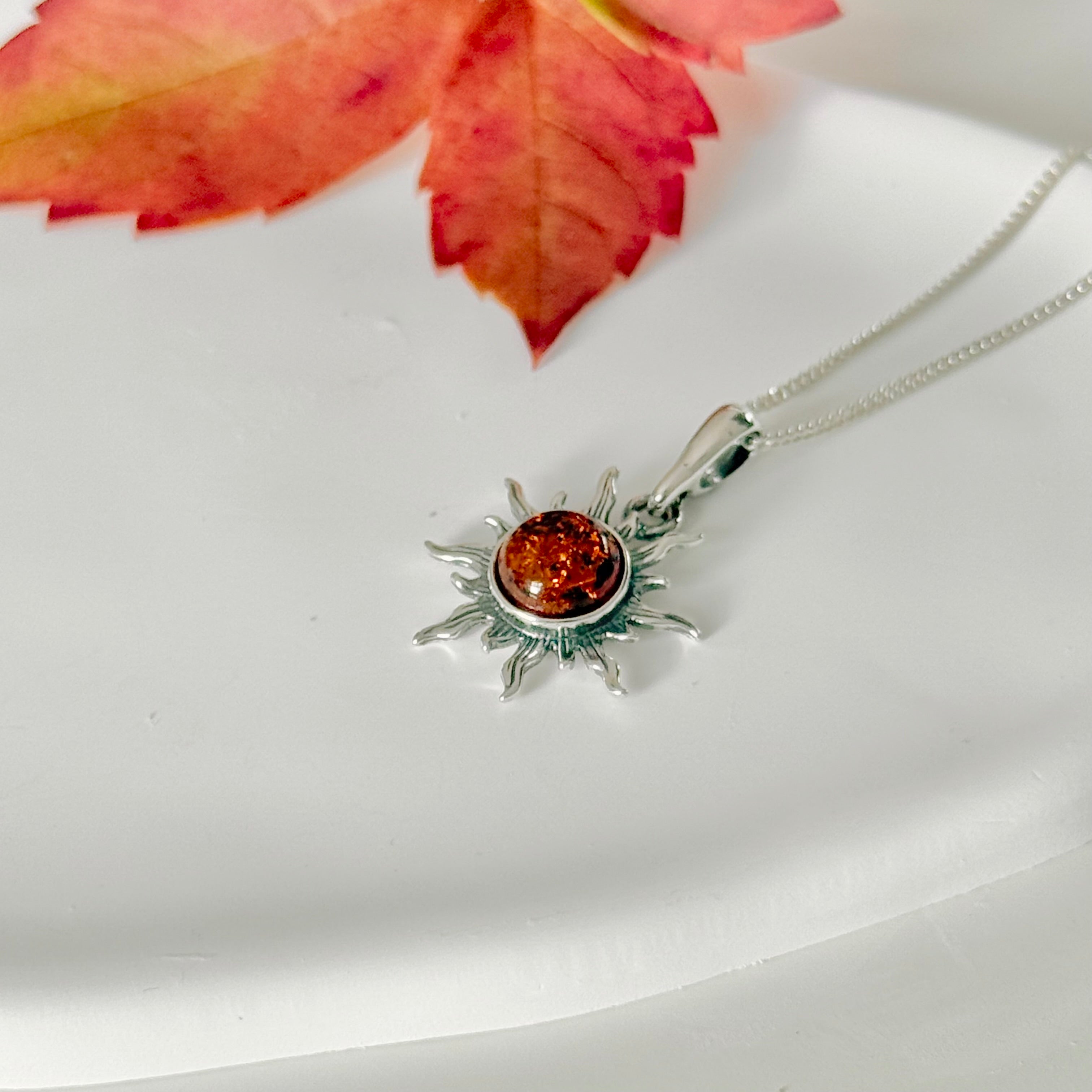 Natural Baltic Amber Sun Design Pendant Necklace in Oxidised Sterling Silver