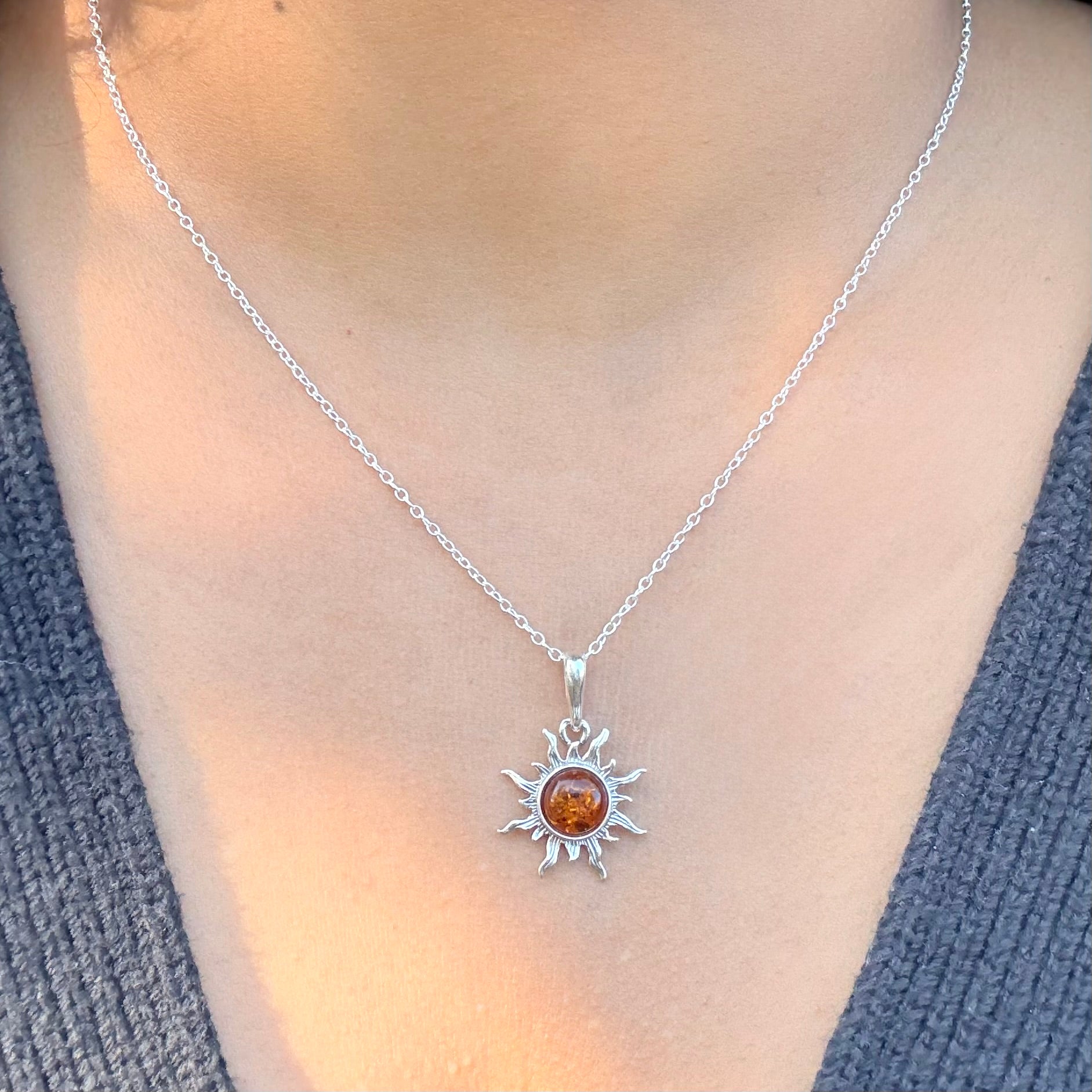 Natural Baltic Amber Sun Design Pendant Necklace in Oxidised Sterling Silver