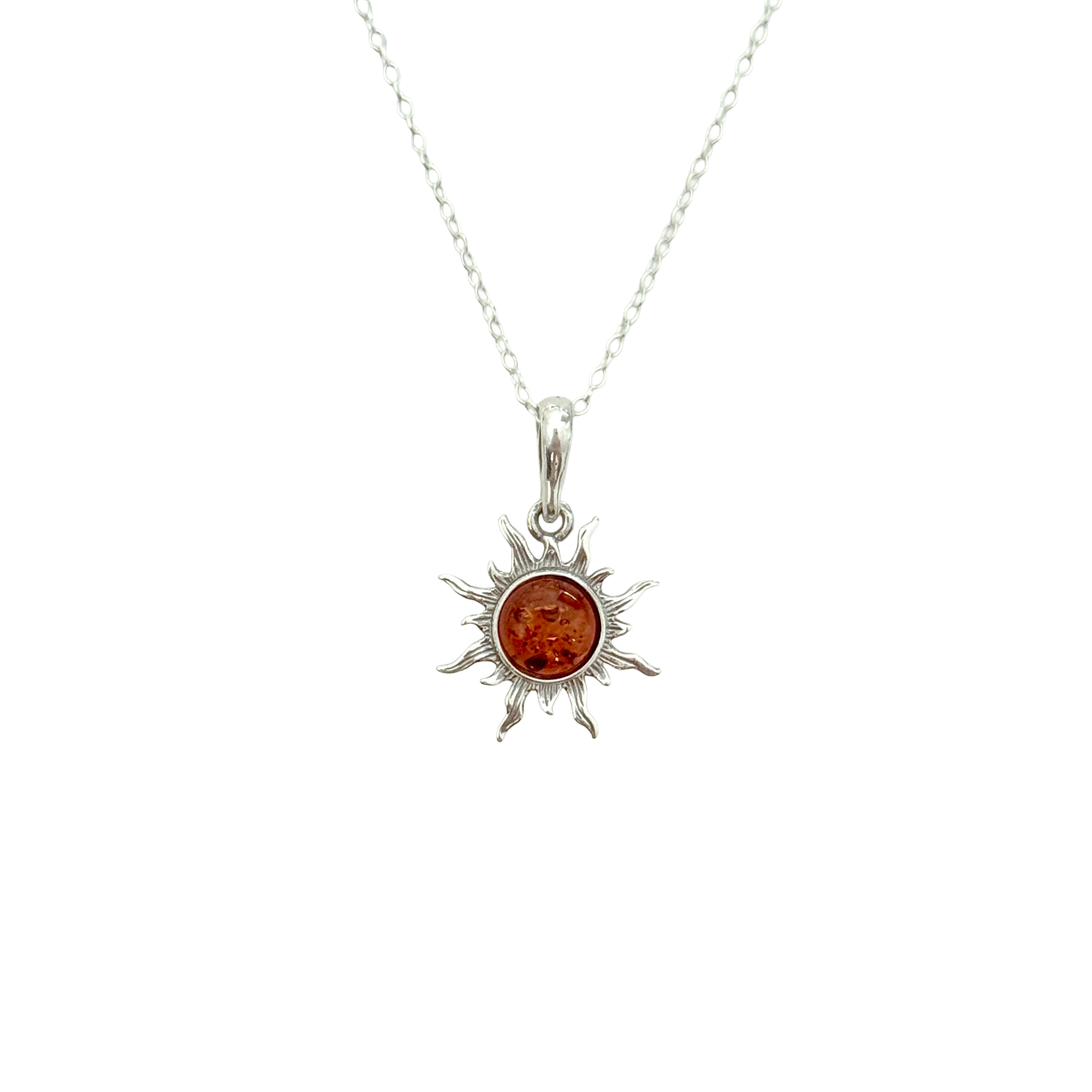 Natural Baltic Amber Sun Design Pendant Necklace in Oxidised Sterling Silver