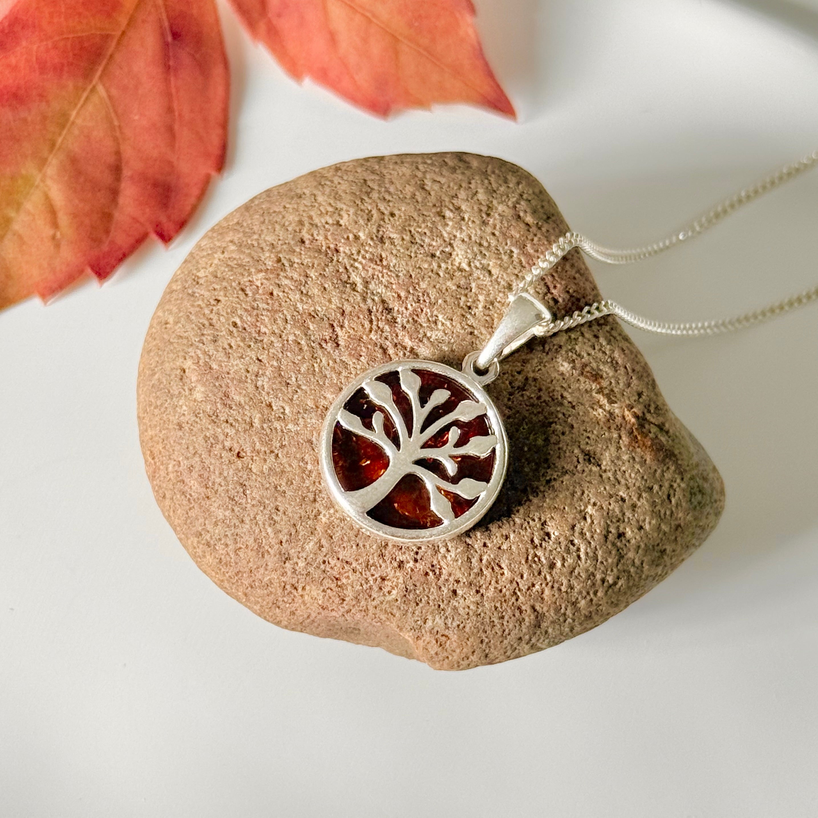 Sterling Silver Tree of Life Pendant Necklace with Encased Genuine Baltic Amber