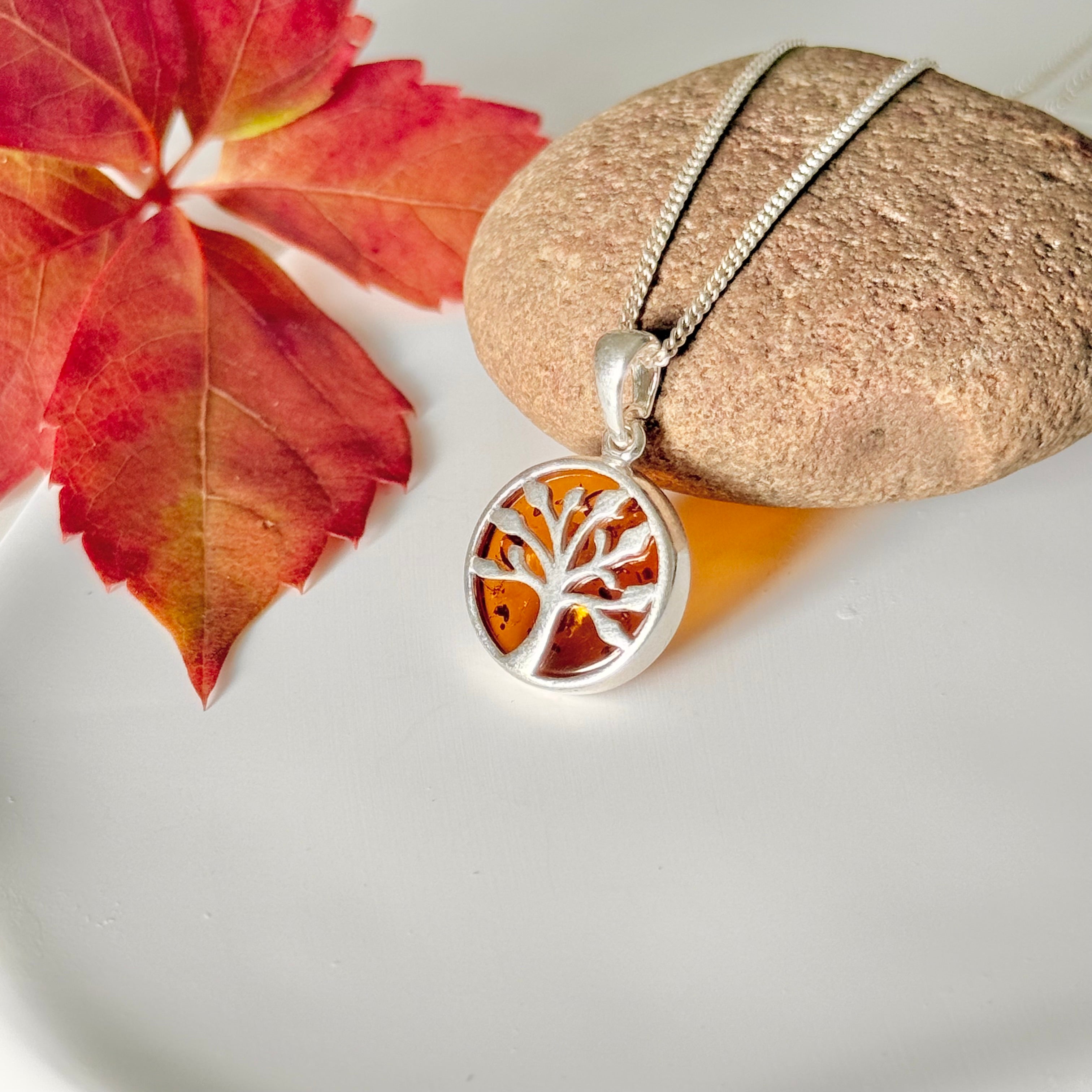Sterling Silver Tree of Life Pendant Necklace with Encased Genuine Baltic Amber