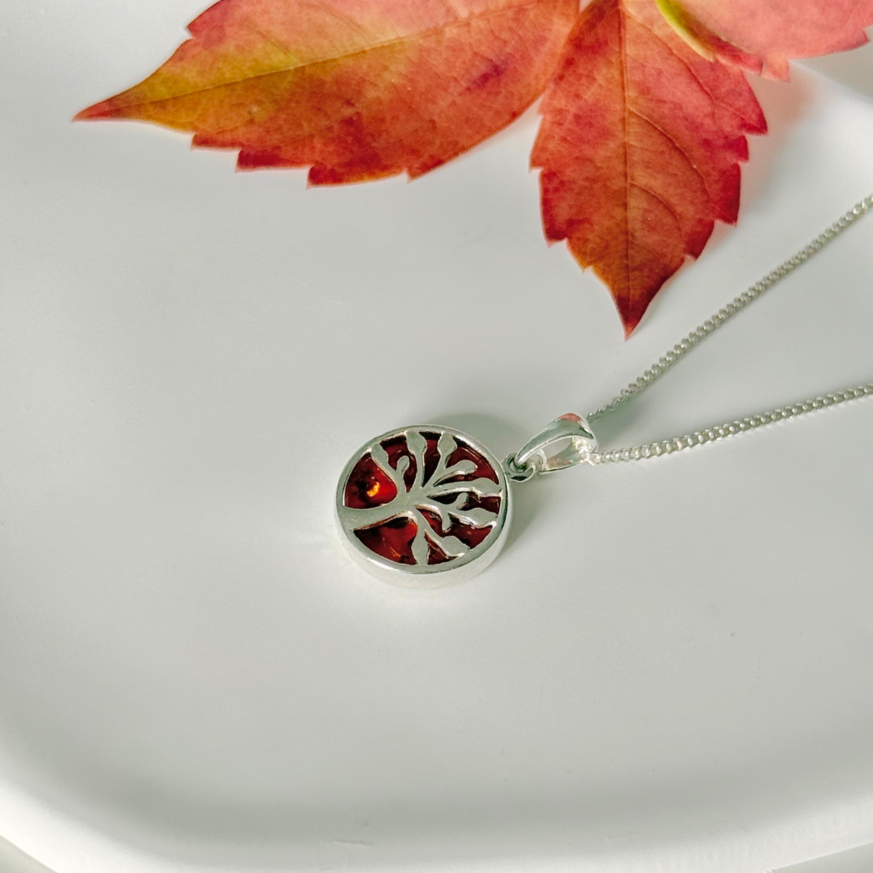 Sterling Silver Tree of Life Pendant Necklace with Encased Genuine Baltic Amber