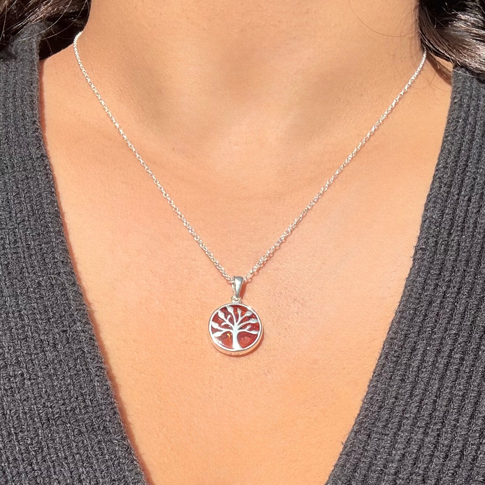 Sterling Silver Tree of Life Pendant Necklace with Encased Genuine Baltic Amber