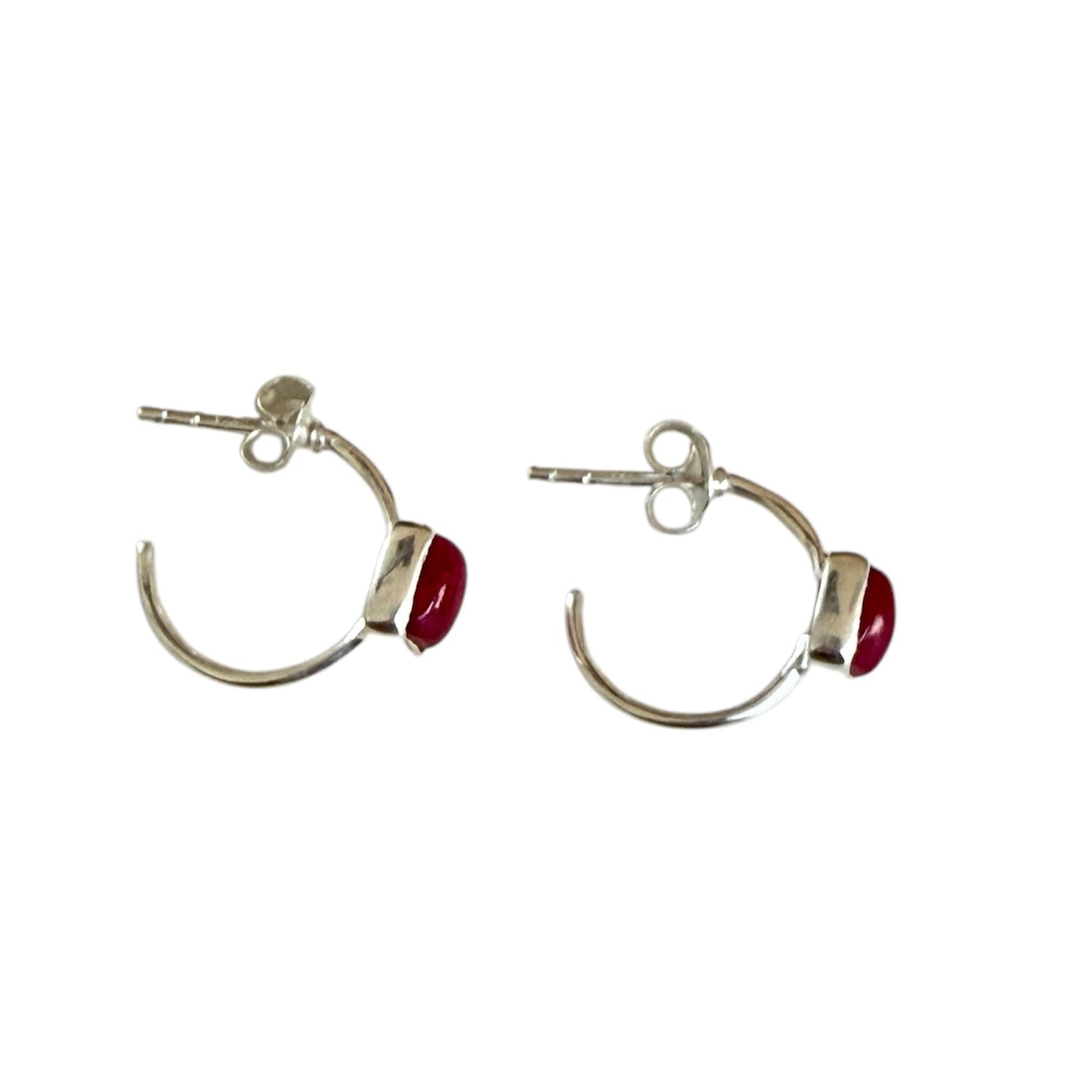 Minimal Sterling Silver Small Hoops with a Square Cabochon Gemstone - Ruby Quartz