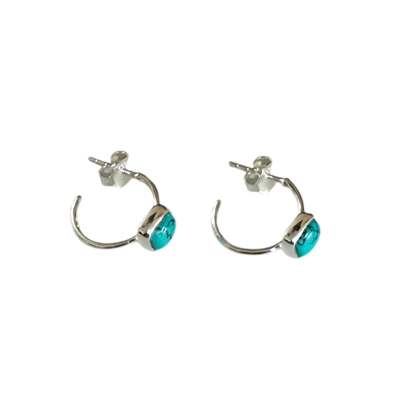 Minimal Sterling Silver Small Hoops with a Square Cabochon Gemstone - Turquoise