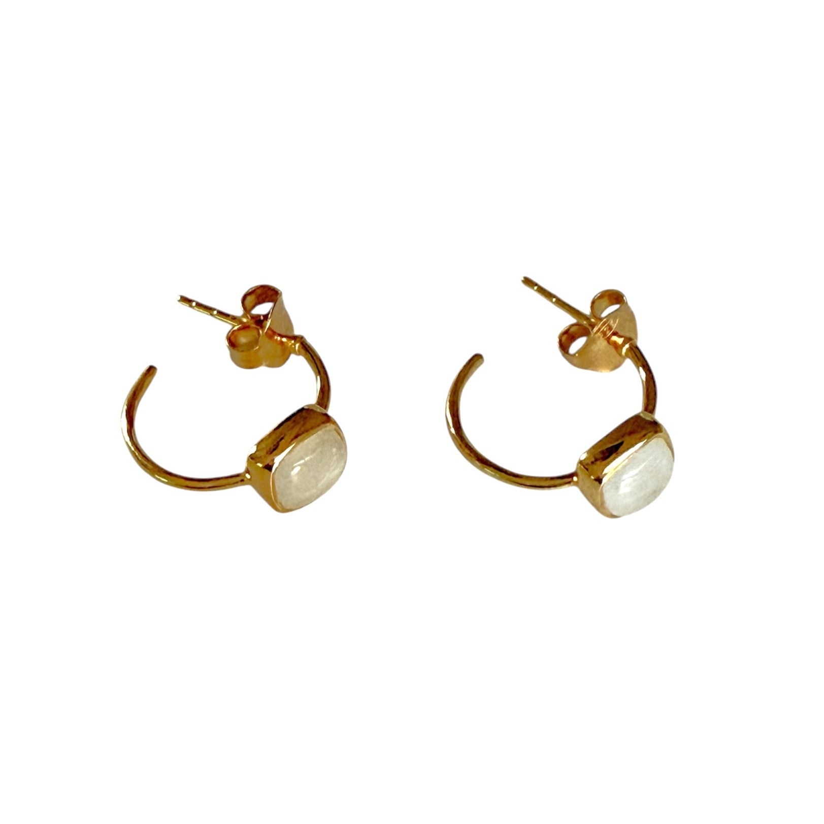 Minimal Gold Plated Sterling Silver Small Hoops with a Square Cabochon Gemstone - Moonstone