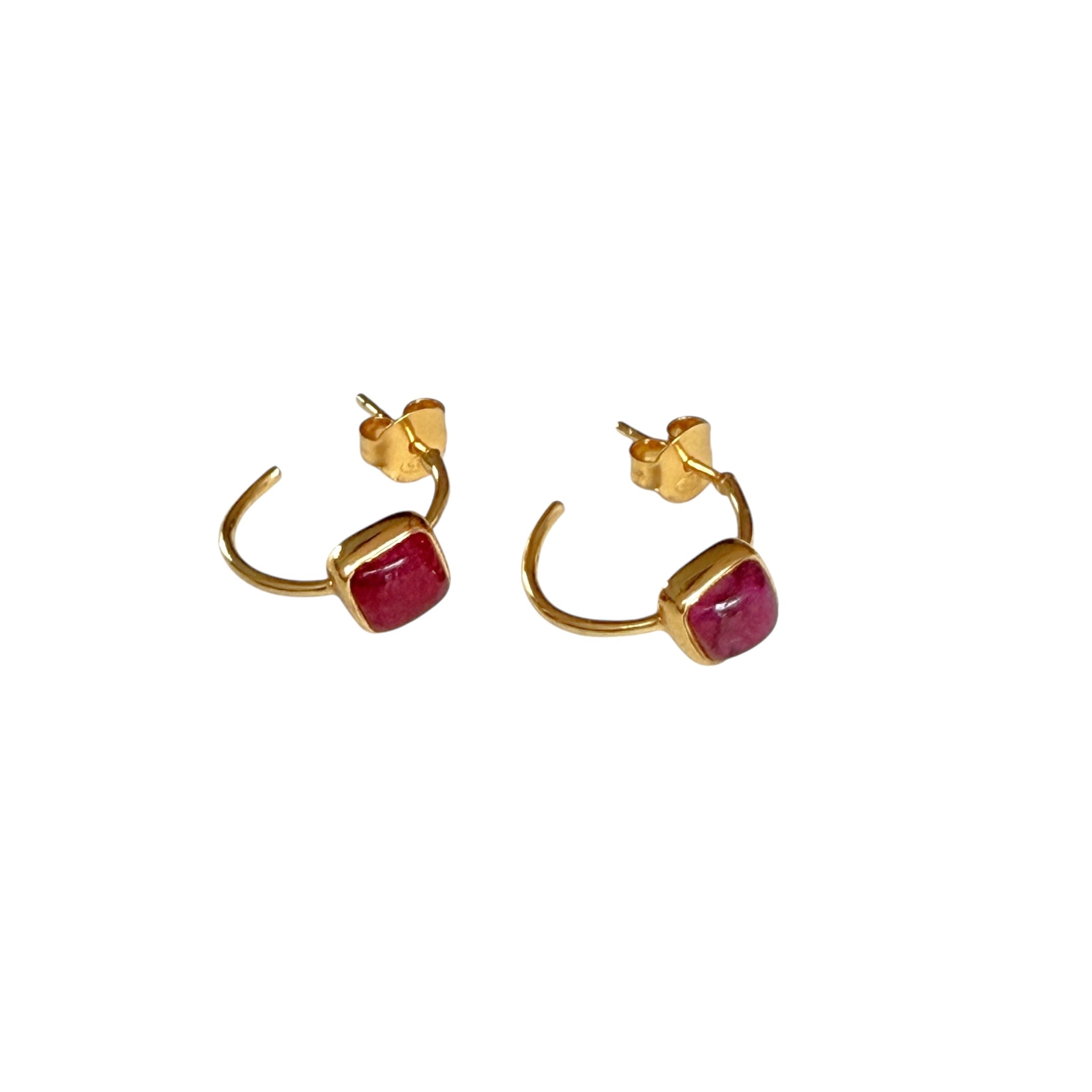 Minimal Gold Plated Sterling Silver Small Hoops with a Square Cabochon Gemstone - Ruby Quartz