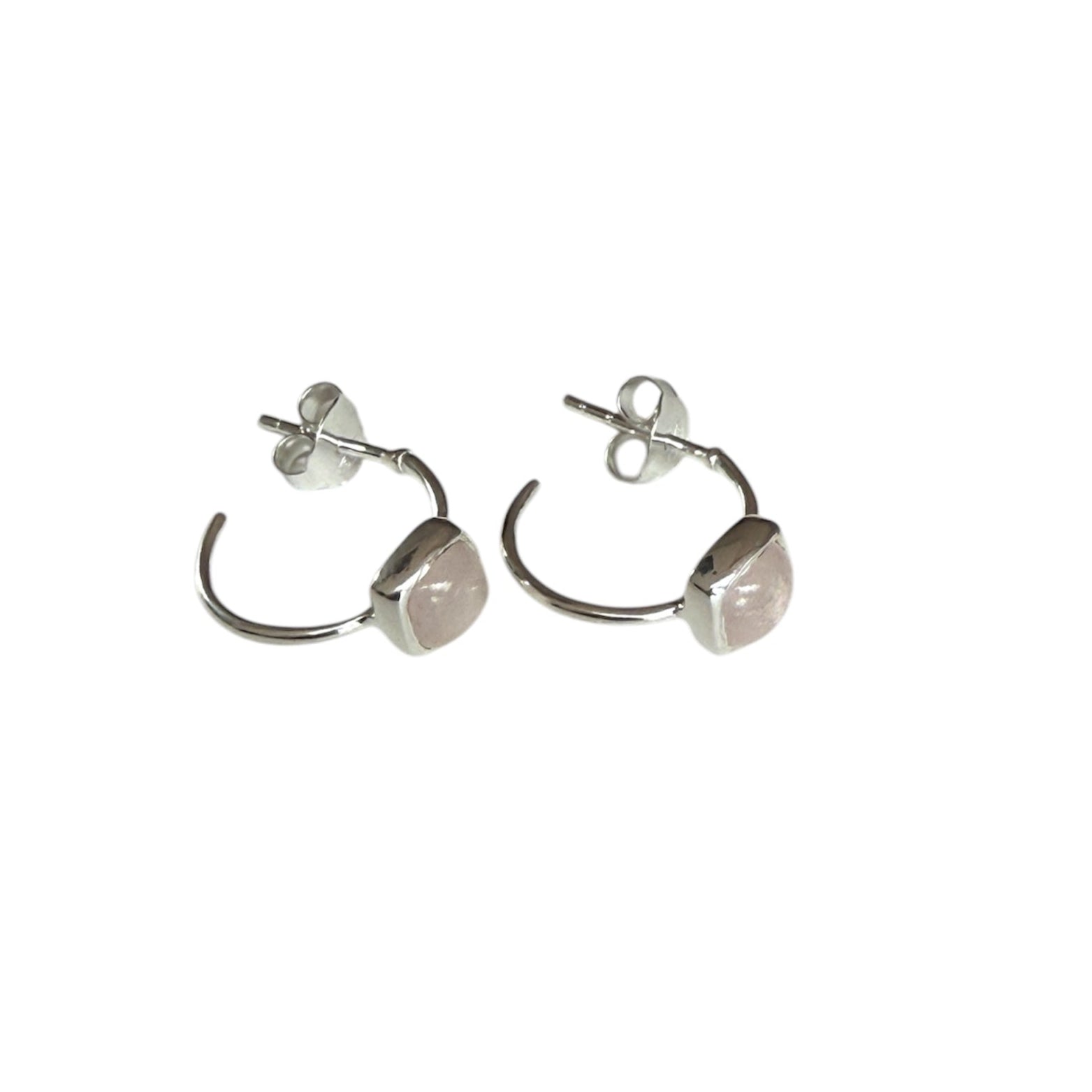 Minimal Sterling Silver Small Hoops with a Square Cabochon Gemstone - Rose Quartz